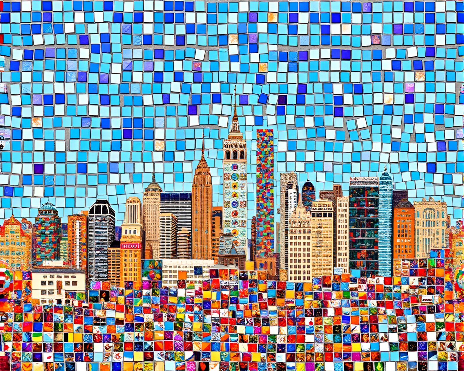 Dynamic cityscape mosaic art in vivid colors and patterns