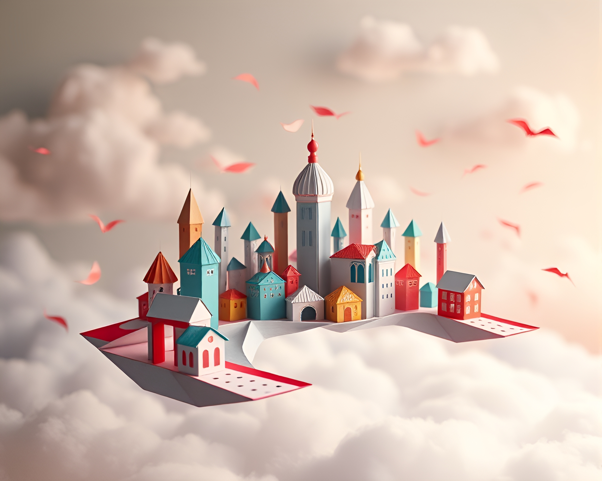 Ethereal Origami City Floating in Dreamy Skyline – free AI stock image