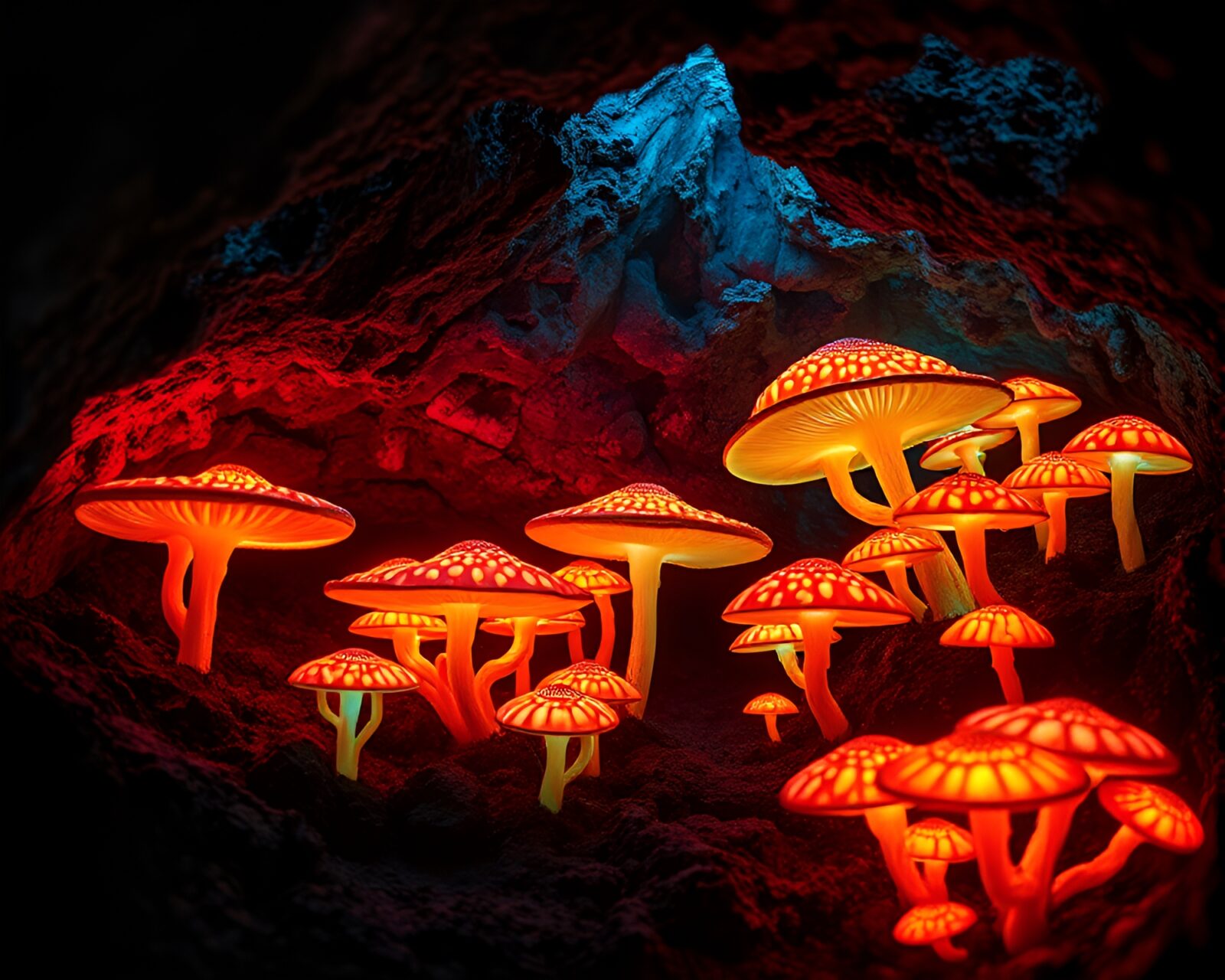 Luminous cavern filled with glowing bioluminescent mushrooms