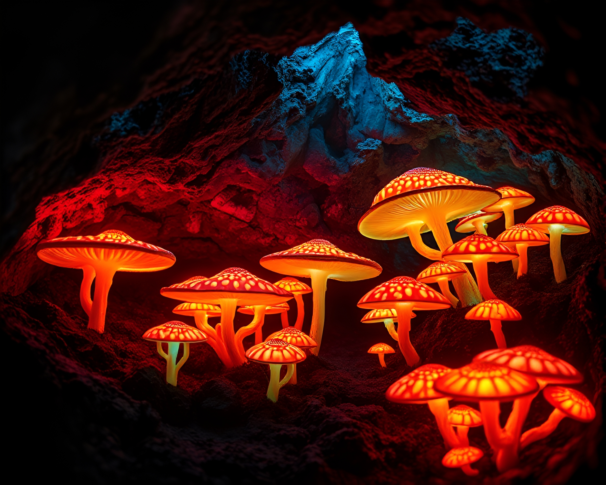 Enchanting Bioluminescent Fungus Illuminates Underground Cavern – free AI stock image