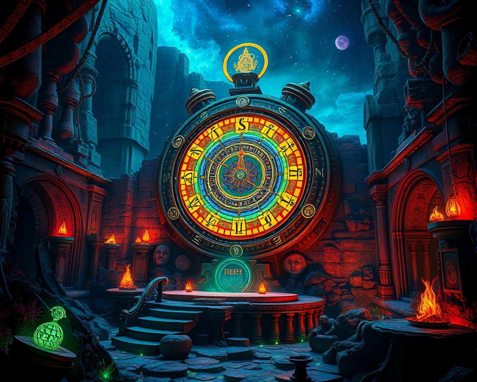 Intricate clock face surrounded by moss-covered ruins emitting ethereal light