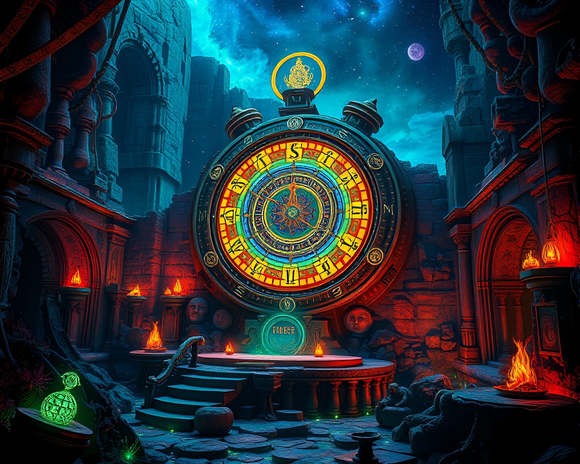 Mystical Cosmic Clock Illuminates Ancient Ruins in Bioluminescent Glow – free AI stock image