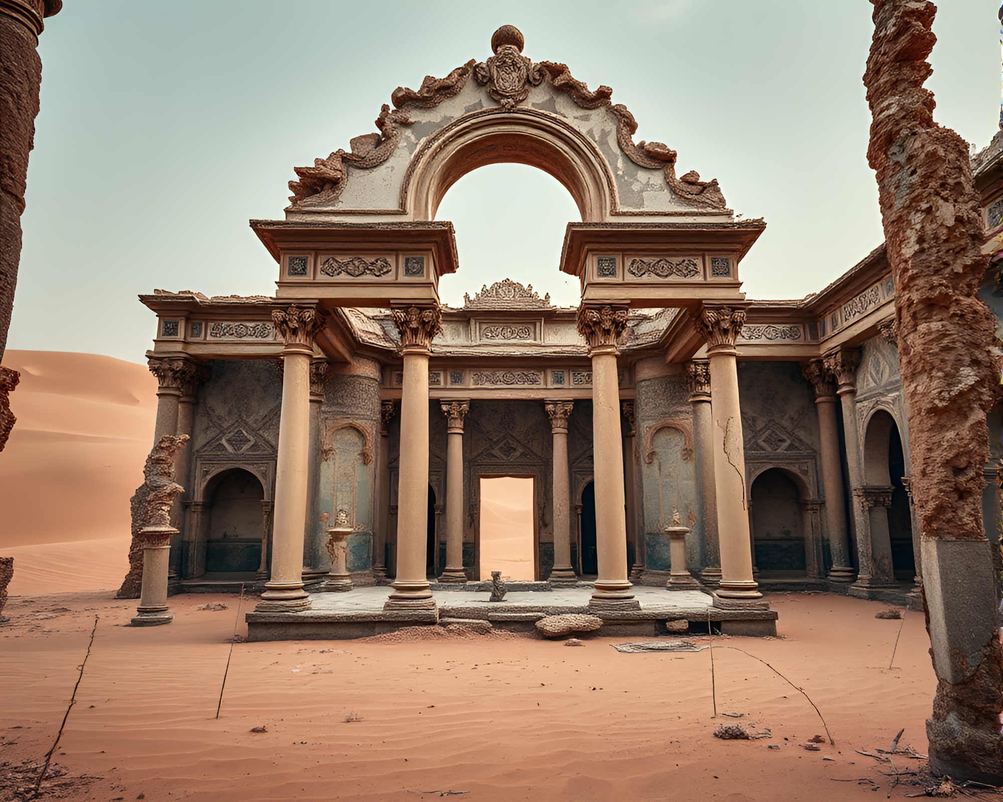 Ethereal Beauty Lost in Time: Desert Palace Ruins – free AI stock image