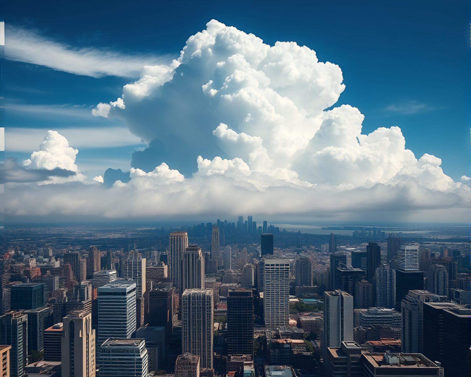 Dream-like clouds intertwine with sharp city forms below