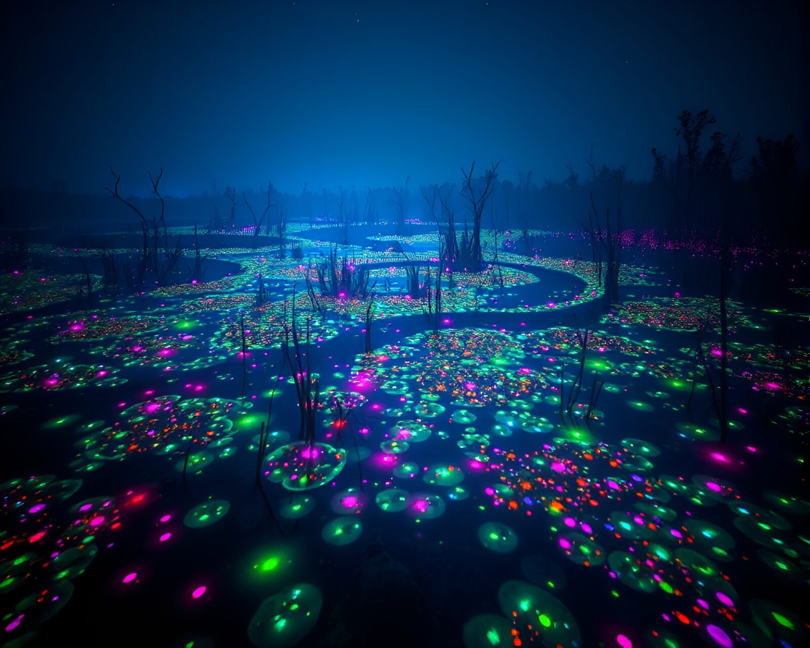 Mesmerizing scene of shimmering colors in a phantasmal marsh