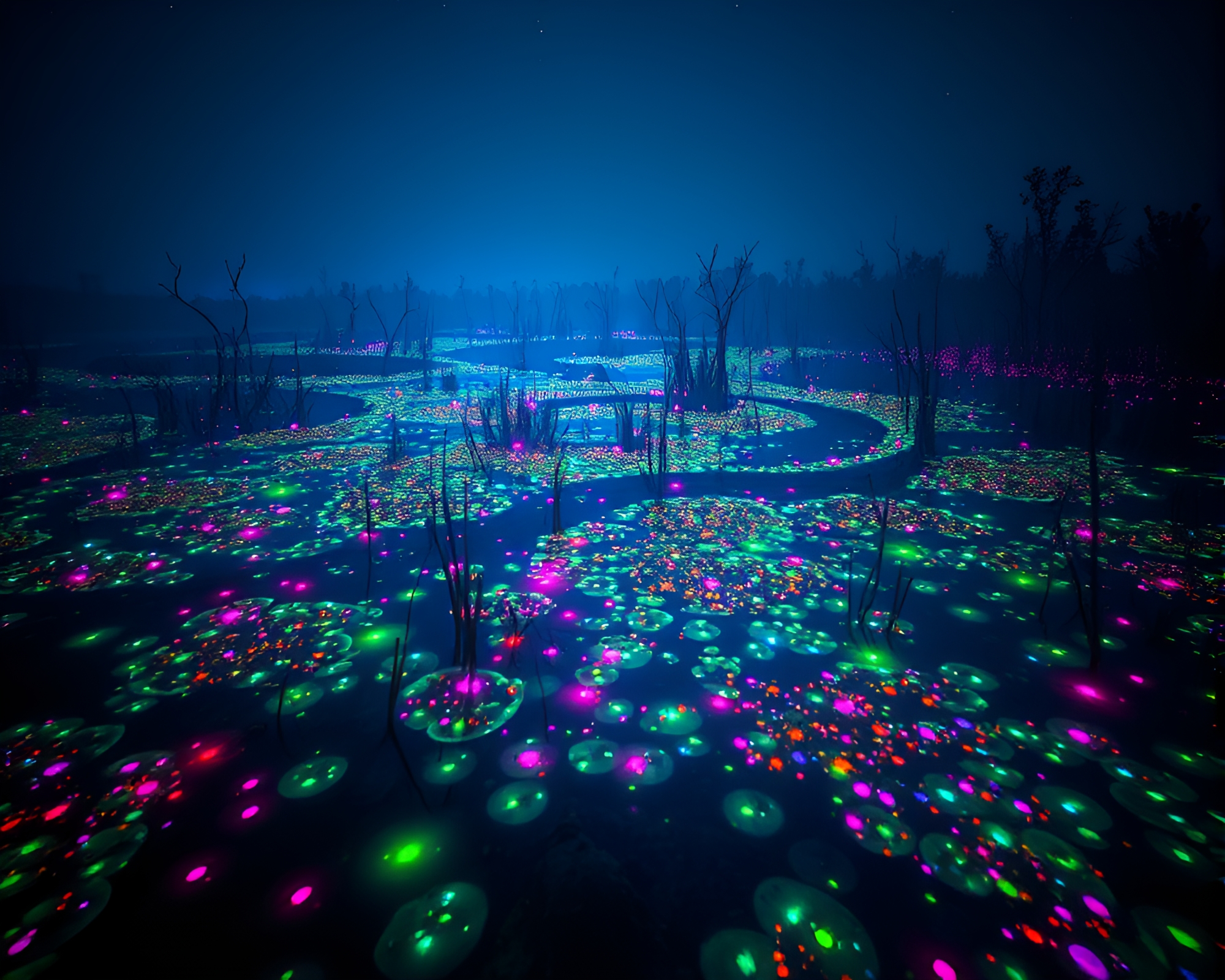 Ethereal Night Marsh Illuminated by Bioluminescent Algae – free AI stock image