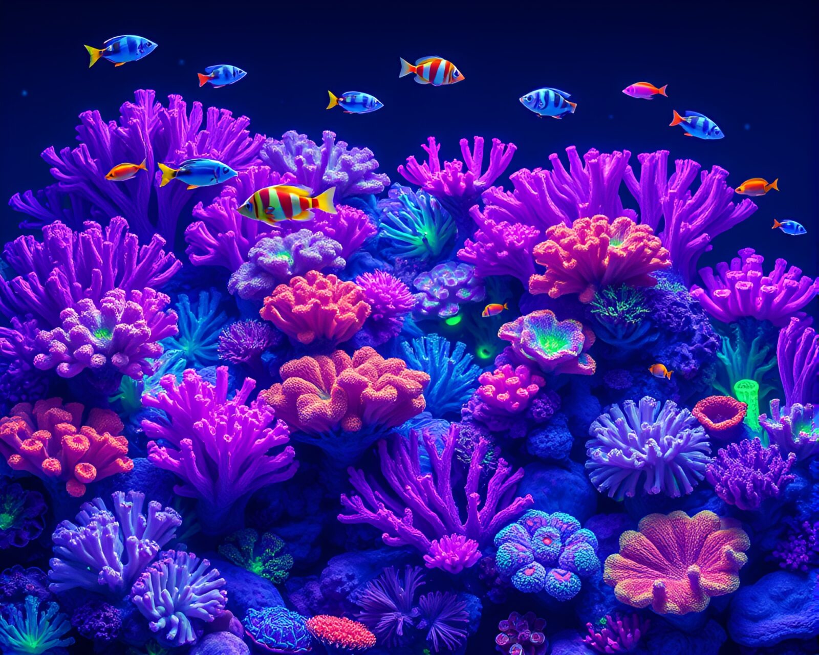 Vibrant underwater scene with glowing marine life and whimsical patterns