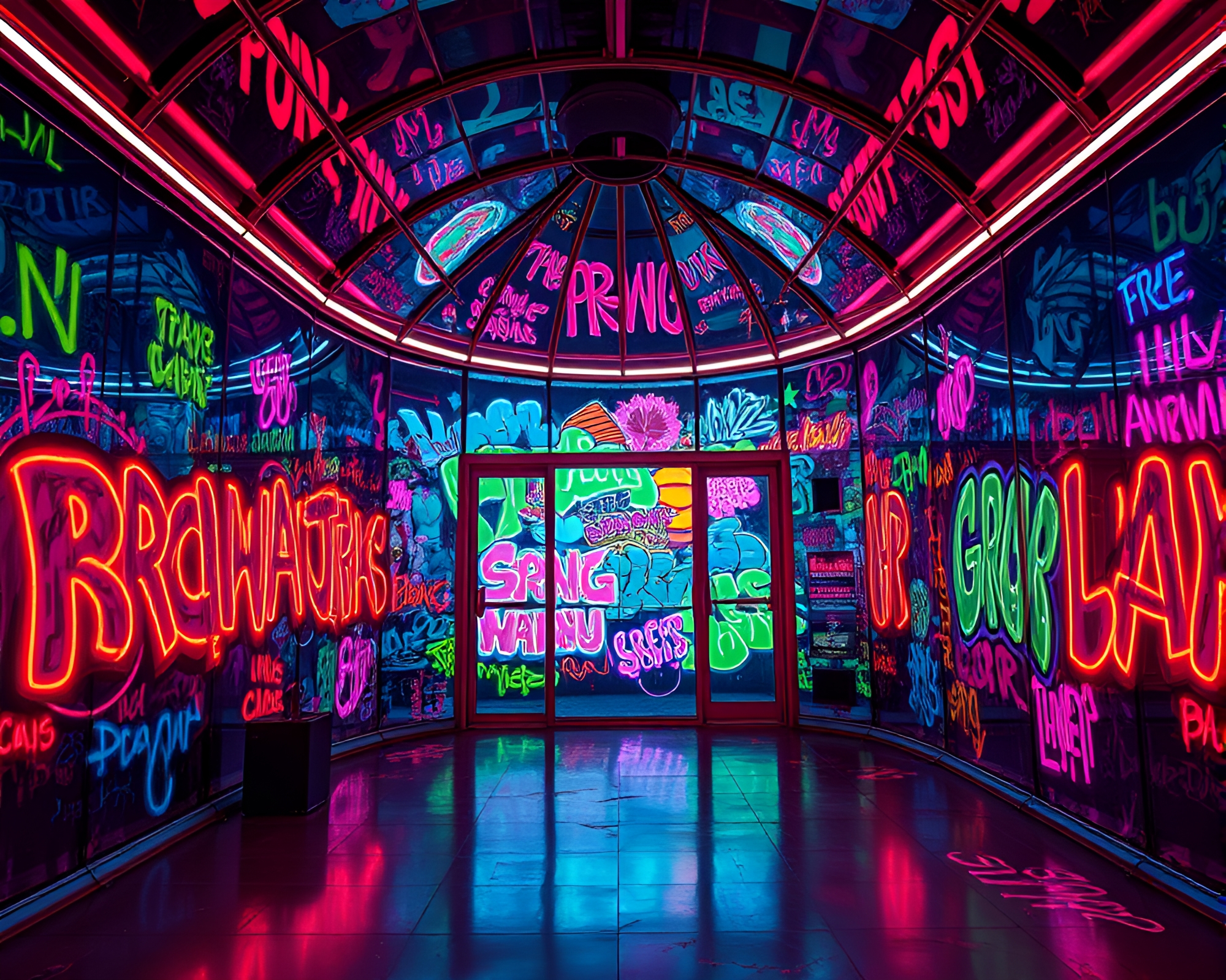 Vibrant Neon Graffiti in Glass-Walled Observatory – free AI stock image