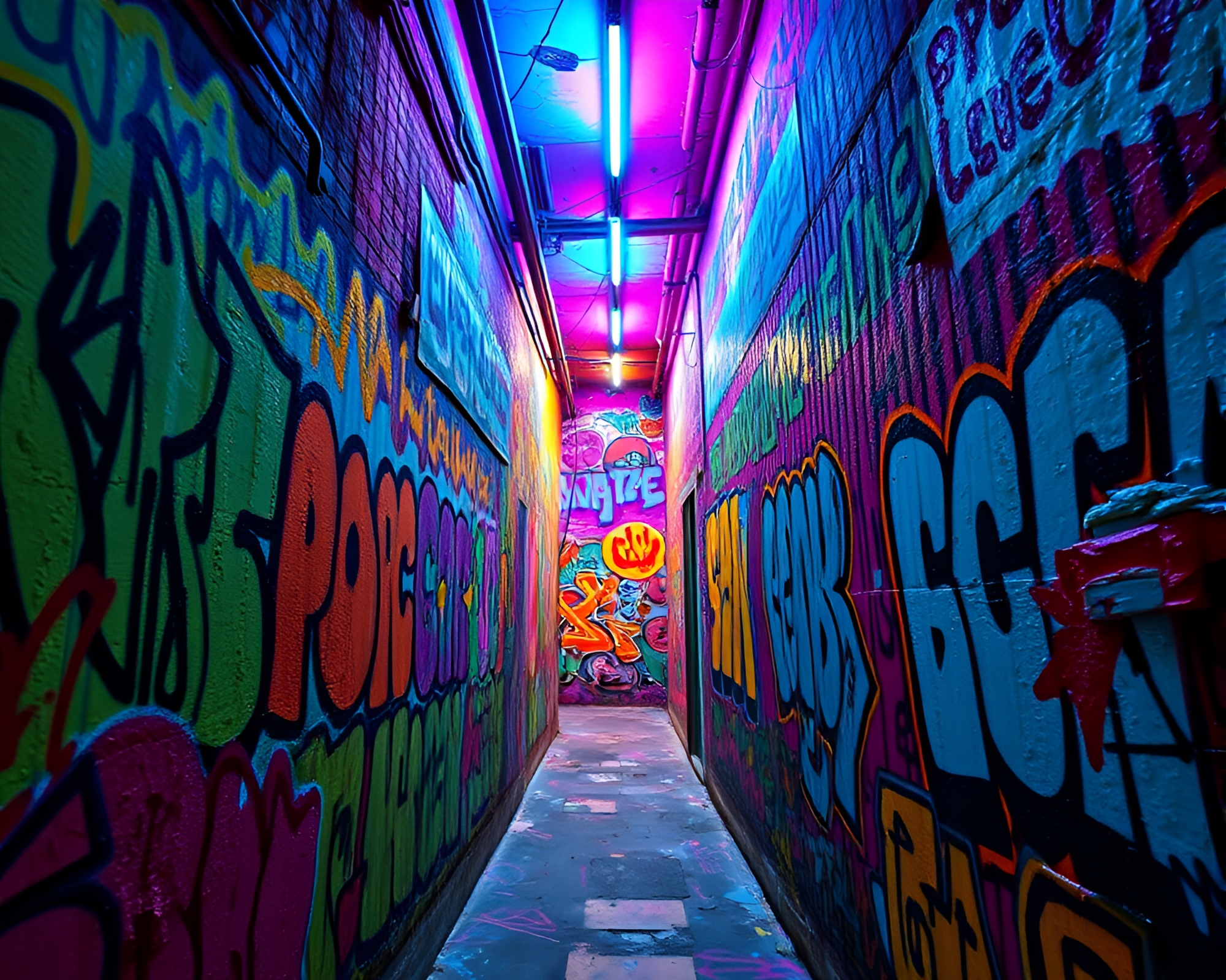 Neon-Lit Graffiti Wonderland in Urban Alleyway – free AI stock image