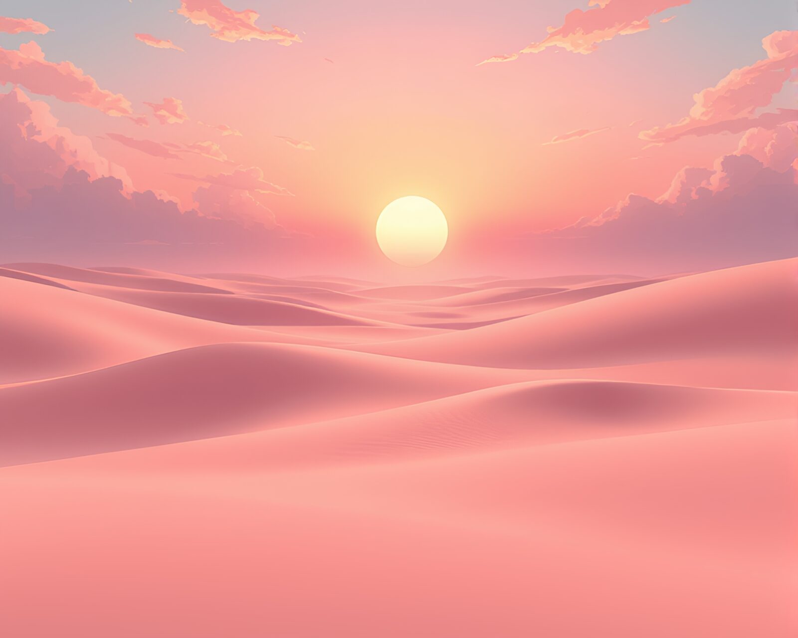 Tranquil anime landscape with coral sand dunes at sunset