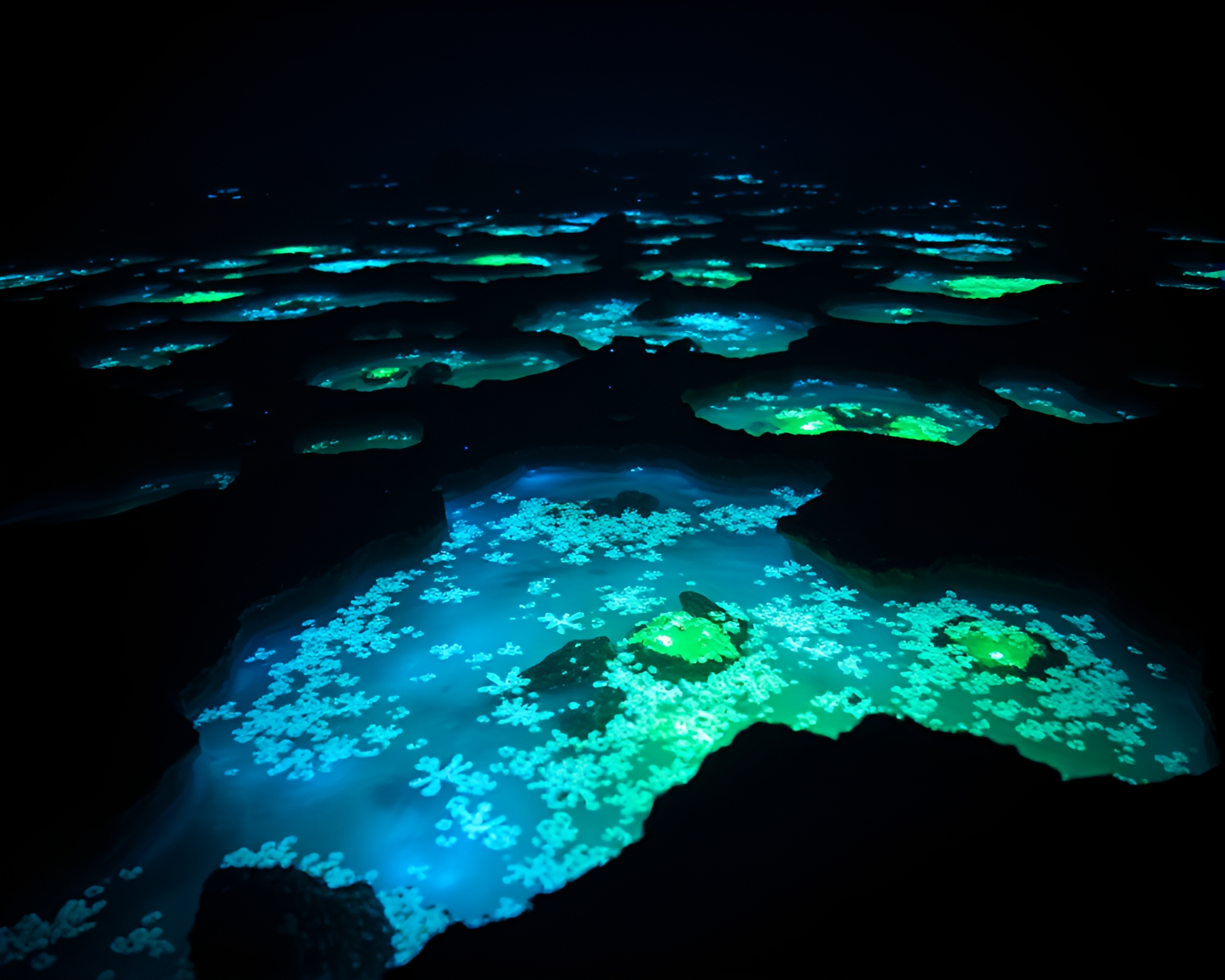 Enchanting Bioluminescent Tide Pools Illuminate Underwater World – free AI stock image