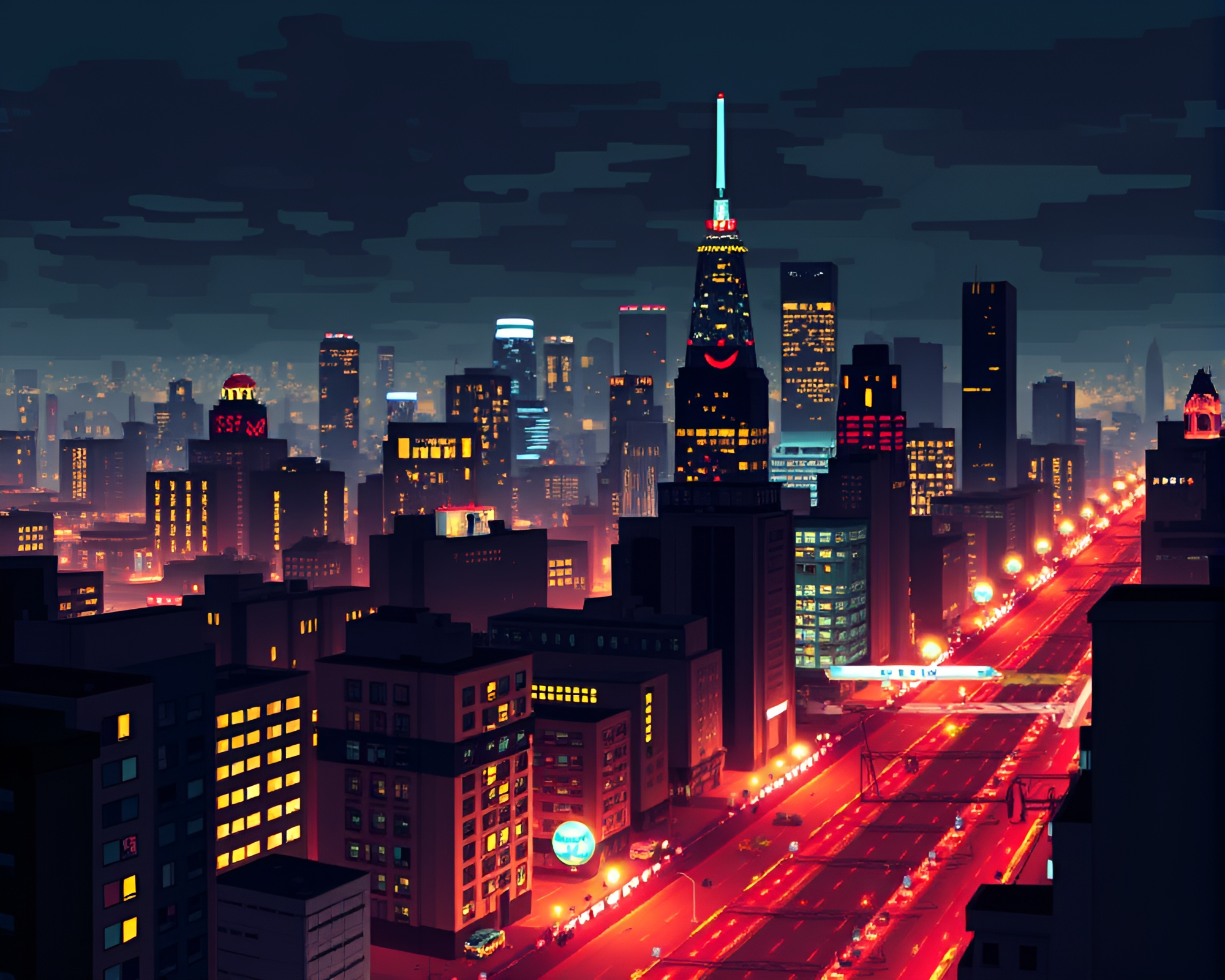 Epic Pixel Art Urban Skyline in Tense Storm – free AI stock image