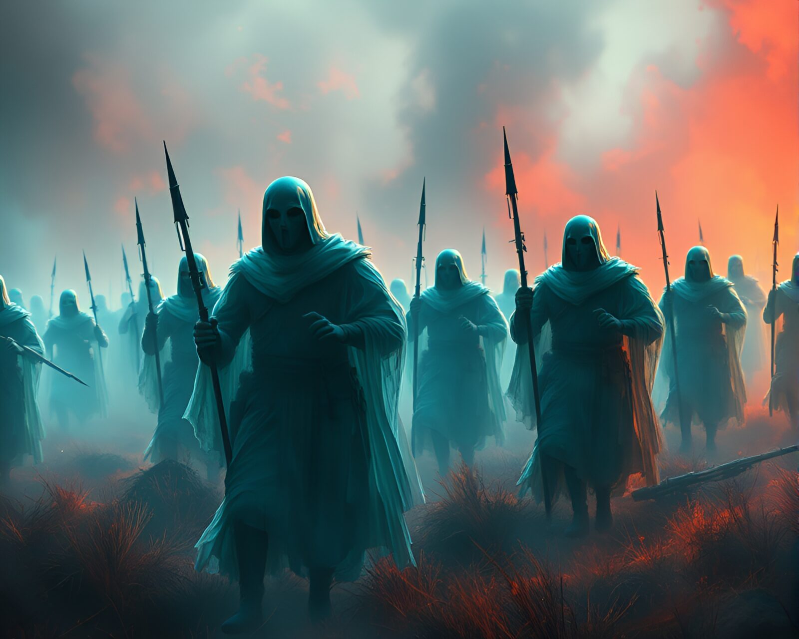 Vivid and reflective spectral battlefield art with eerie atmosphere