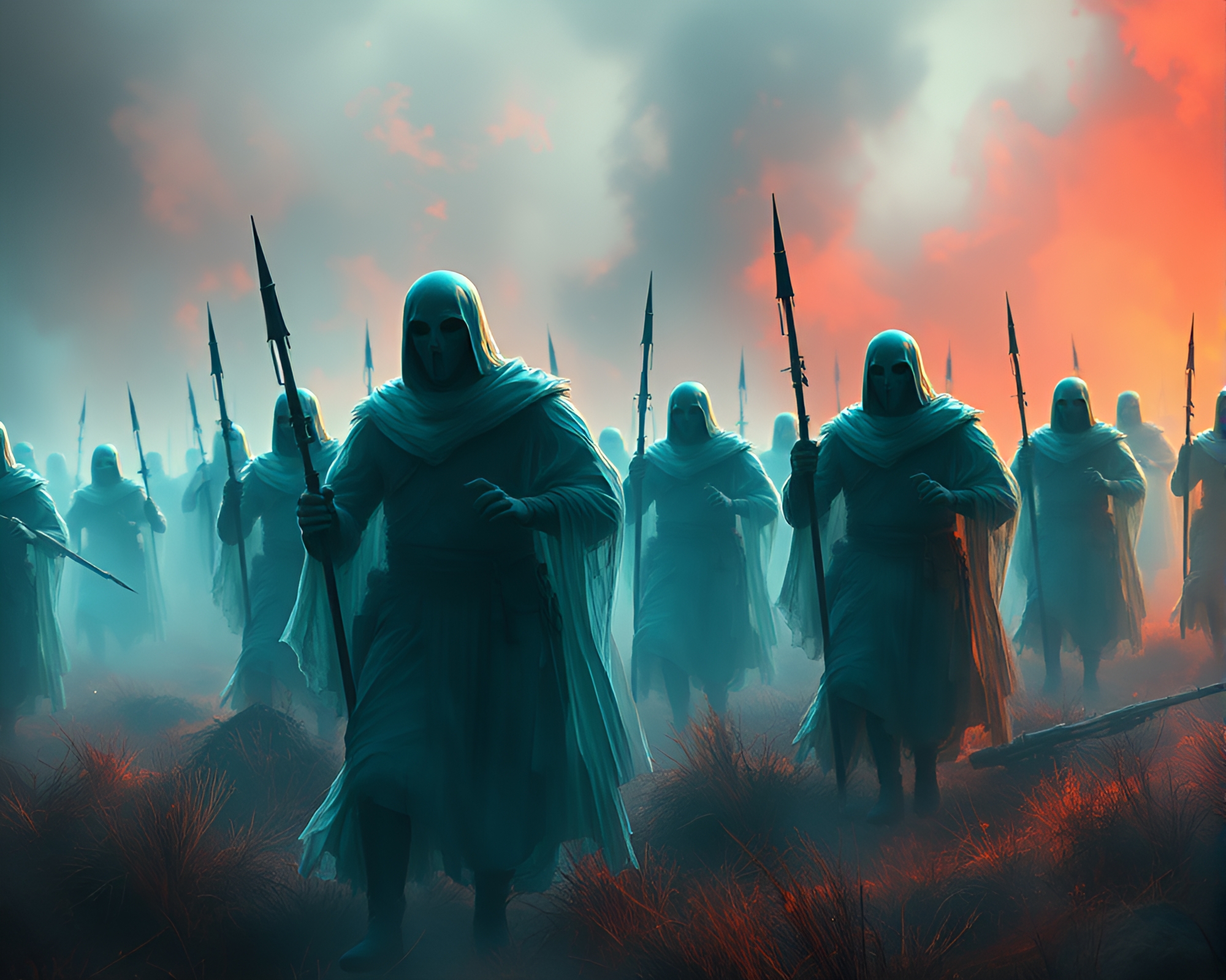 Ethereal Ghostly Soldiers Clash on Surreal Battlefield Canvas – free AI stock image