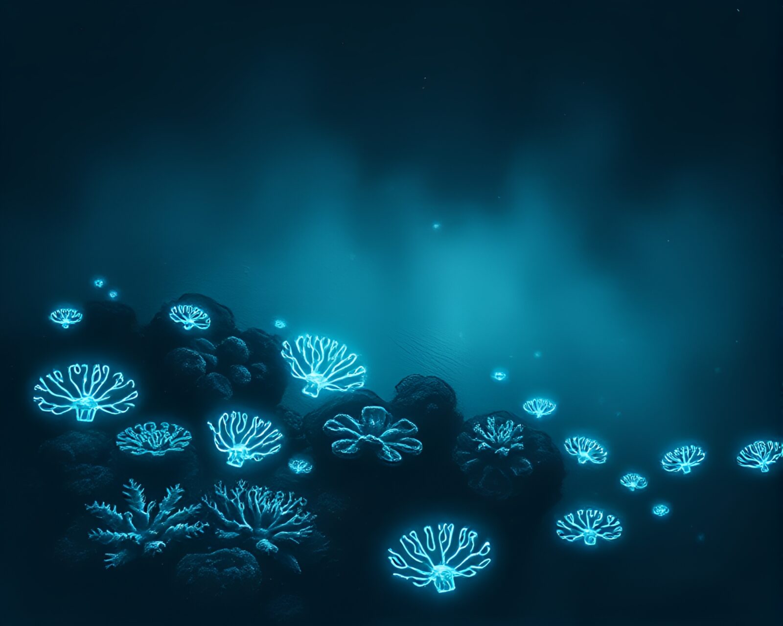 Graceful underwater world with glowing corals in charcoal sketch
