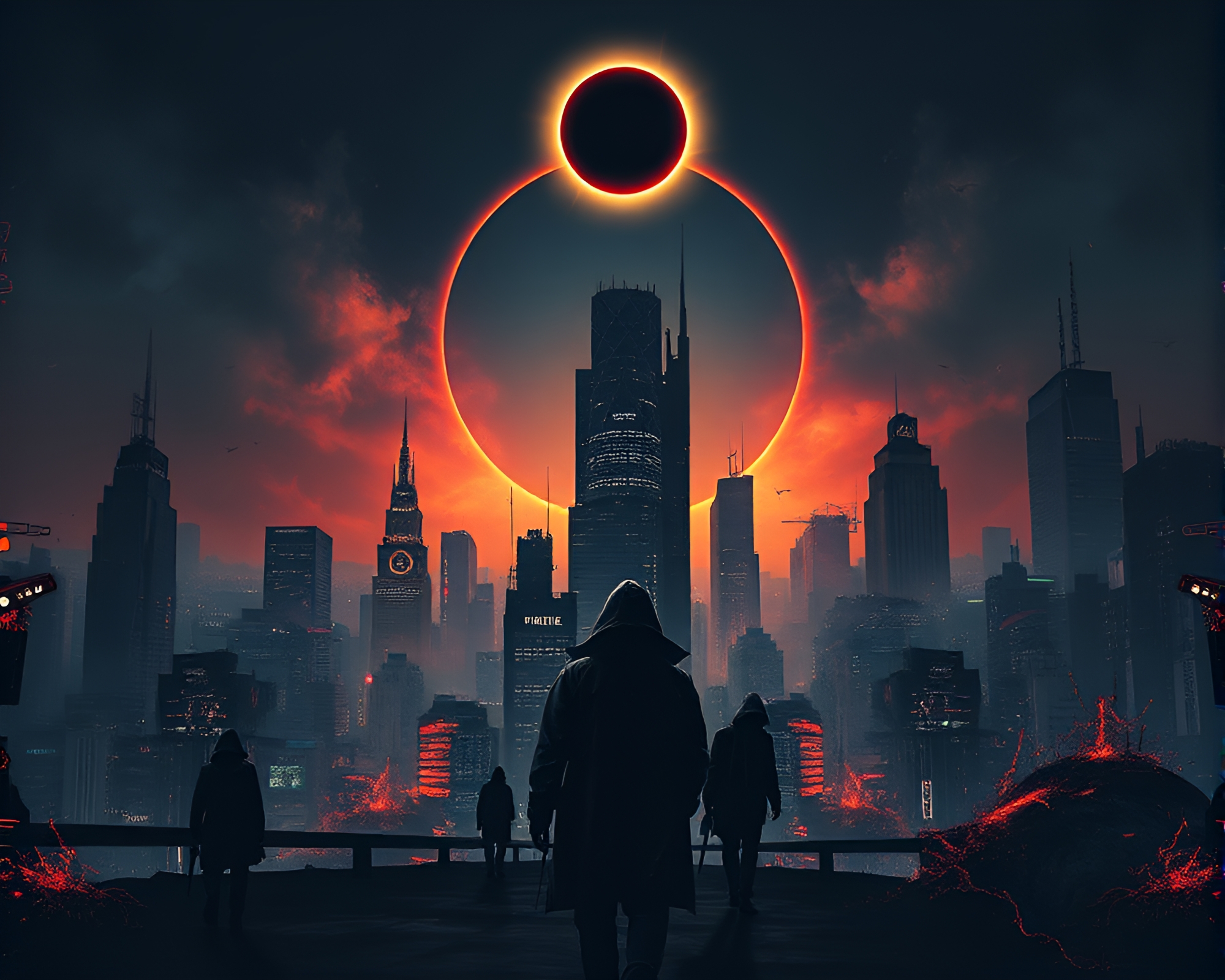 Dystopian Cyberpunk Collage with Solar Eclipse – free AI stock image