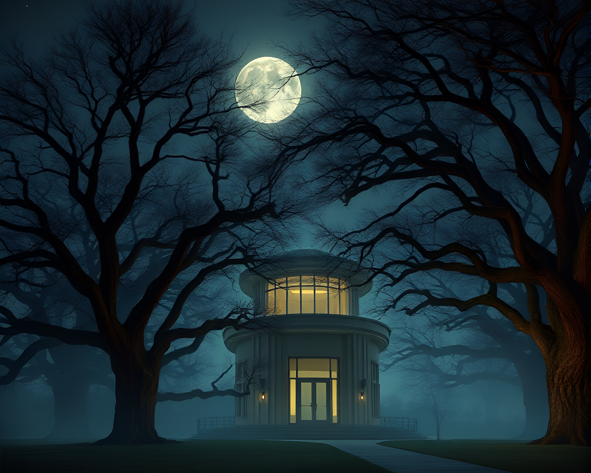 Enchanting Art Deco Structure in Moonlit Oak Forest – free AI stock image
