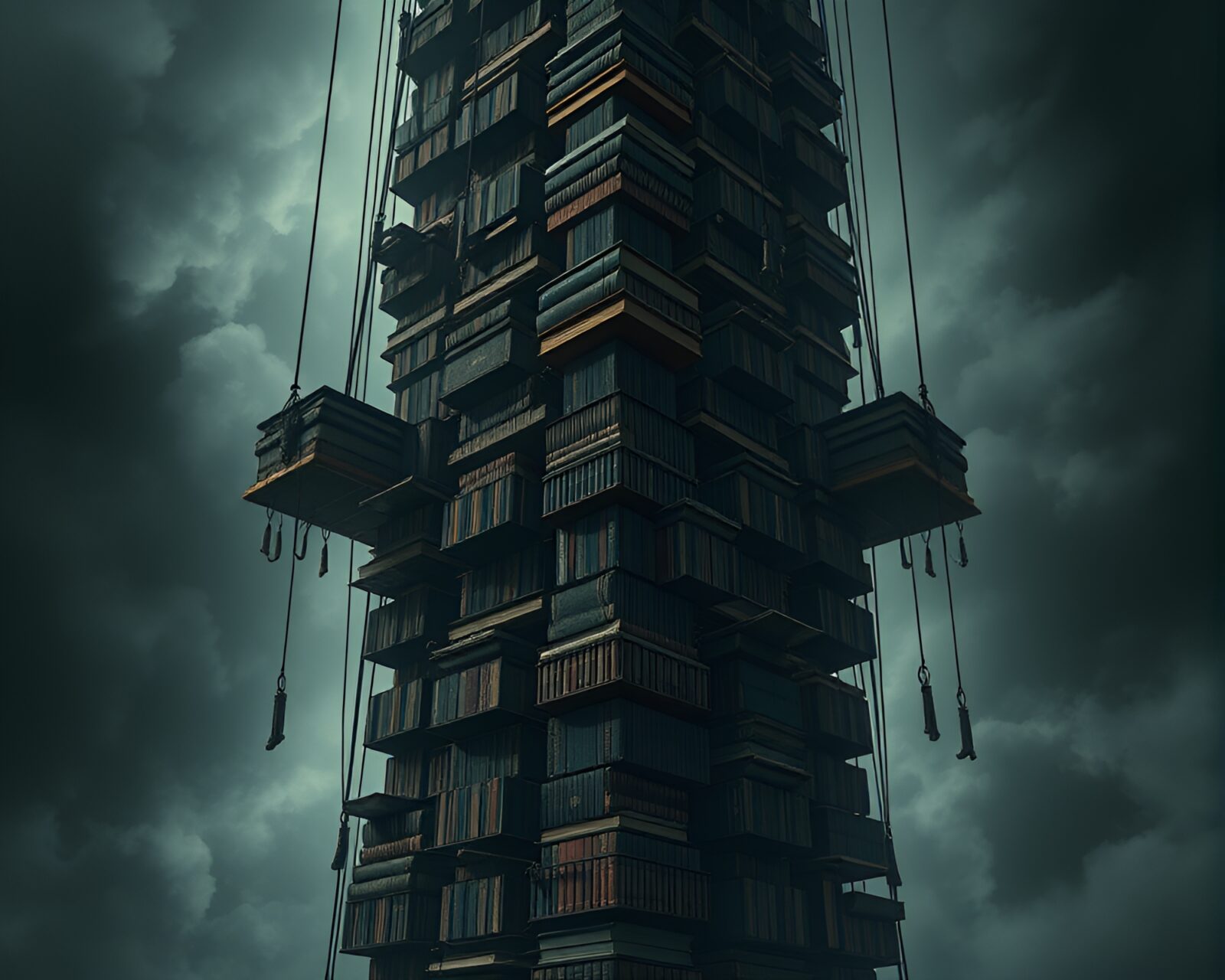 Eerie and edgy tower made of books in surreal setting