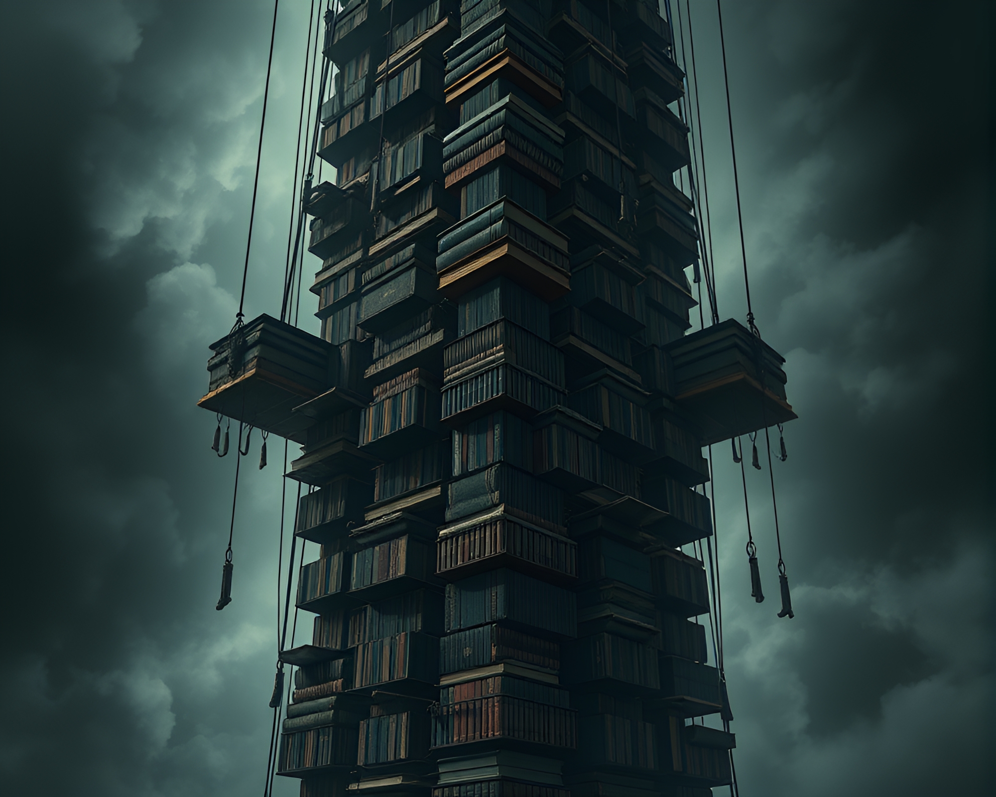 Dark and Surreal Tower of Suspended Books Illustration – free AI stock image