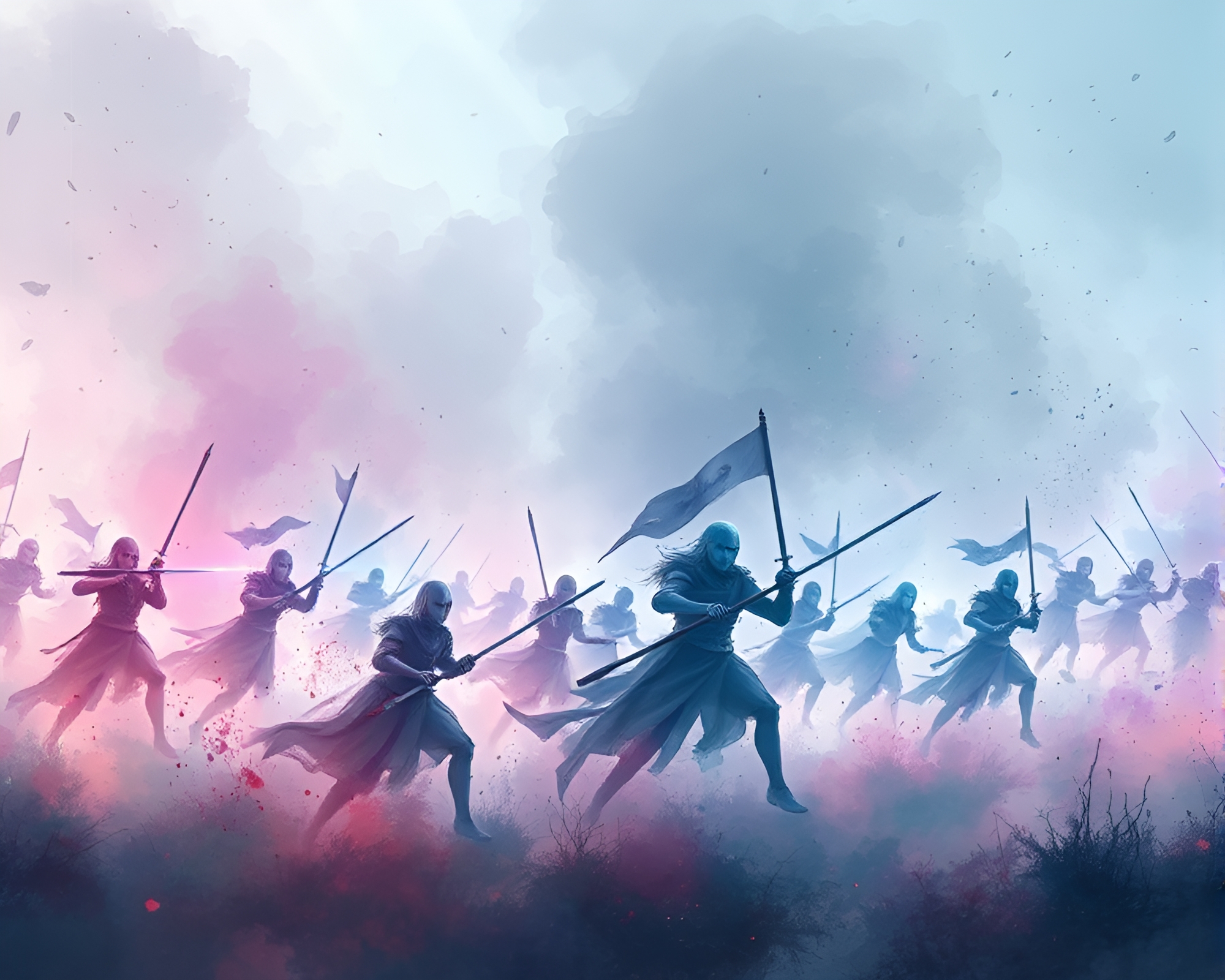 Ethereal Spectral Battlefield: Ghostly Combat in Watercolor Dream – free AI stock image