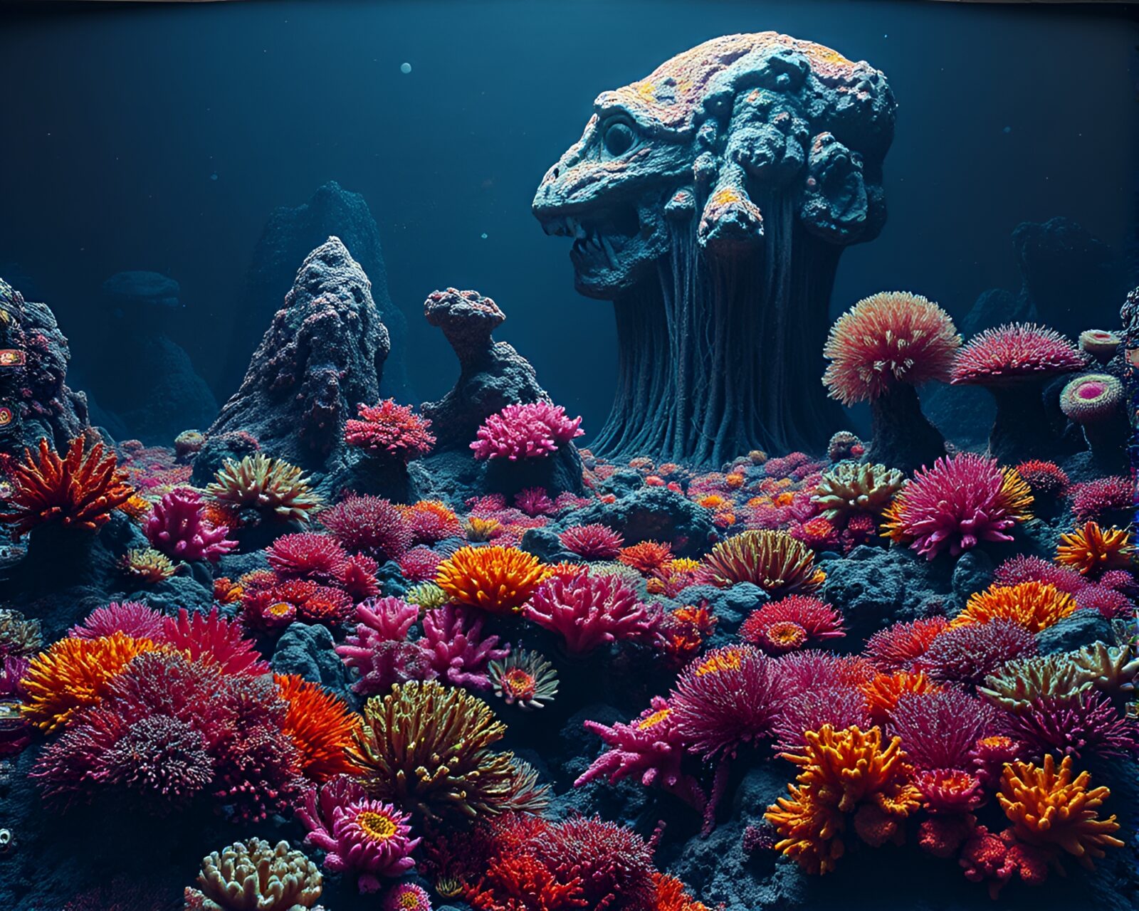 Surreal alien coral forest with vibrant hues and twisting branches