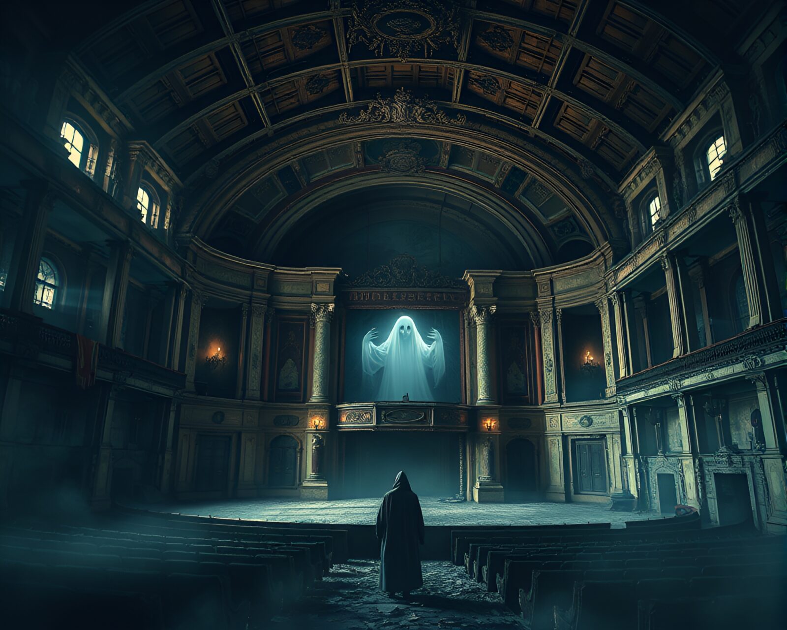 Hauntingly beautiful image of abandoned opera house with lurking phantom