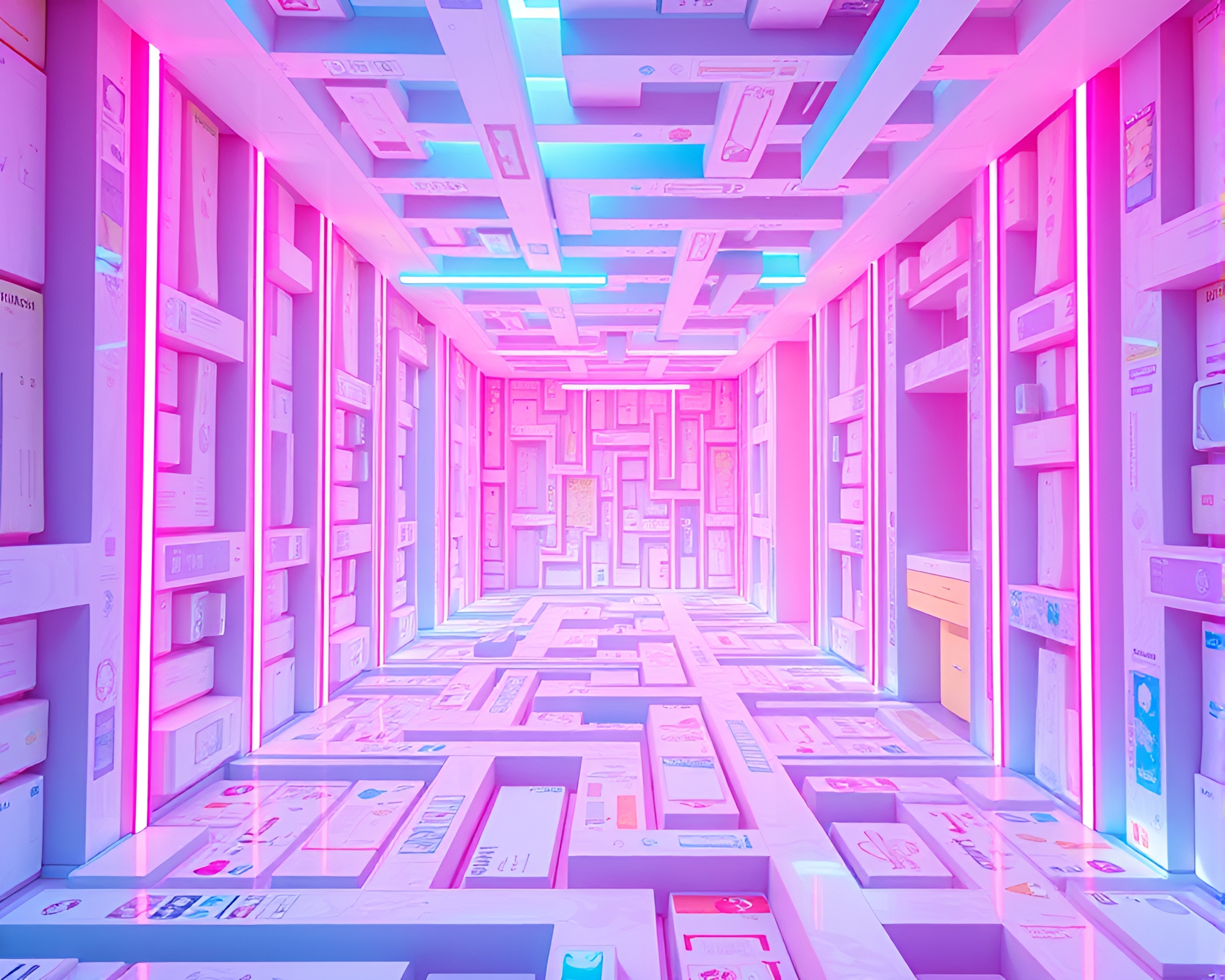 Futuristic Candy-Colored Maze with Neon Accents – free AI stock image