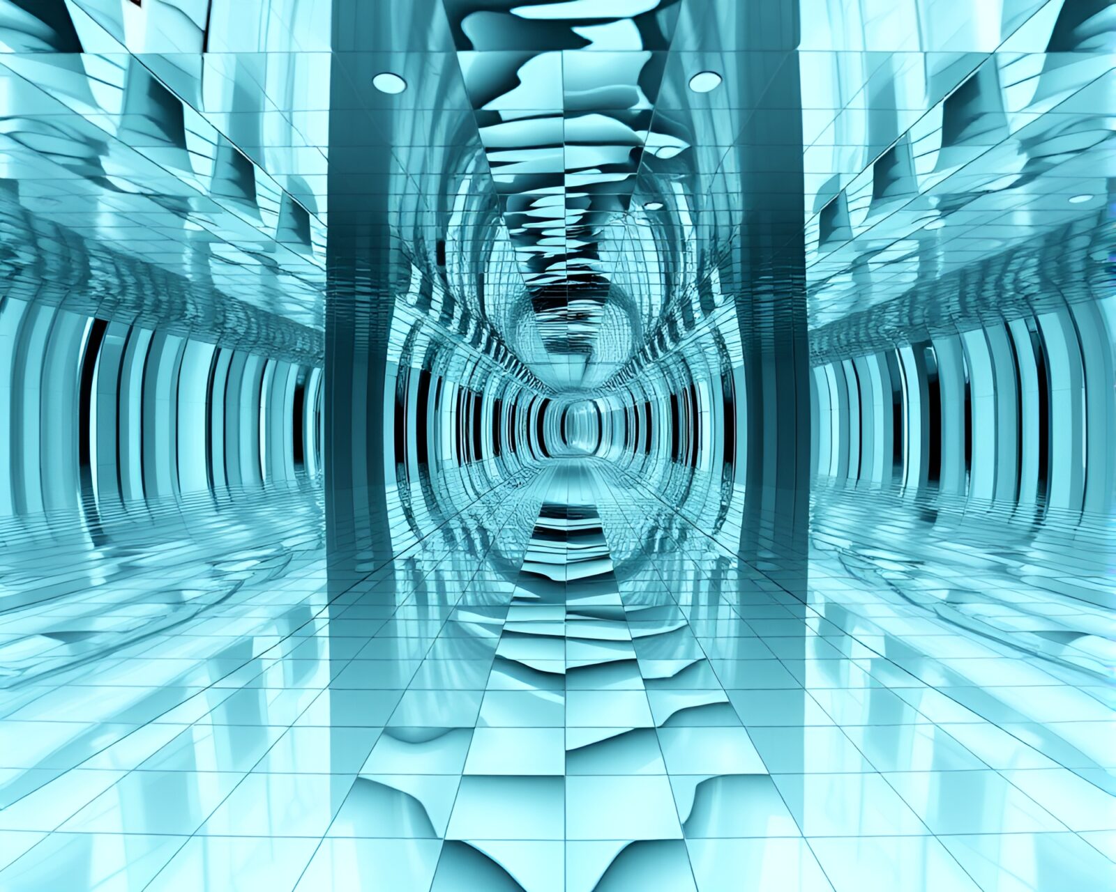 Endless reflective mirrors twisting and turning in murky dreamlike hues
