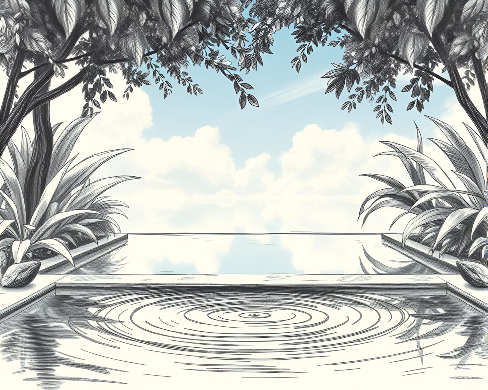 Frenetic energy meets serenity in charcoal sketch style oasis