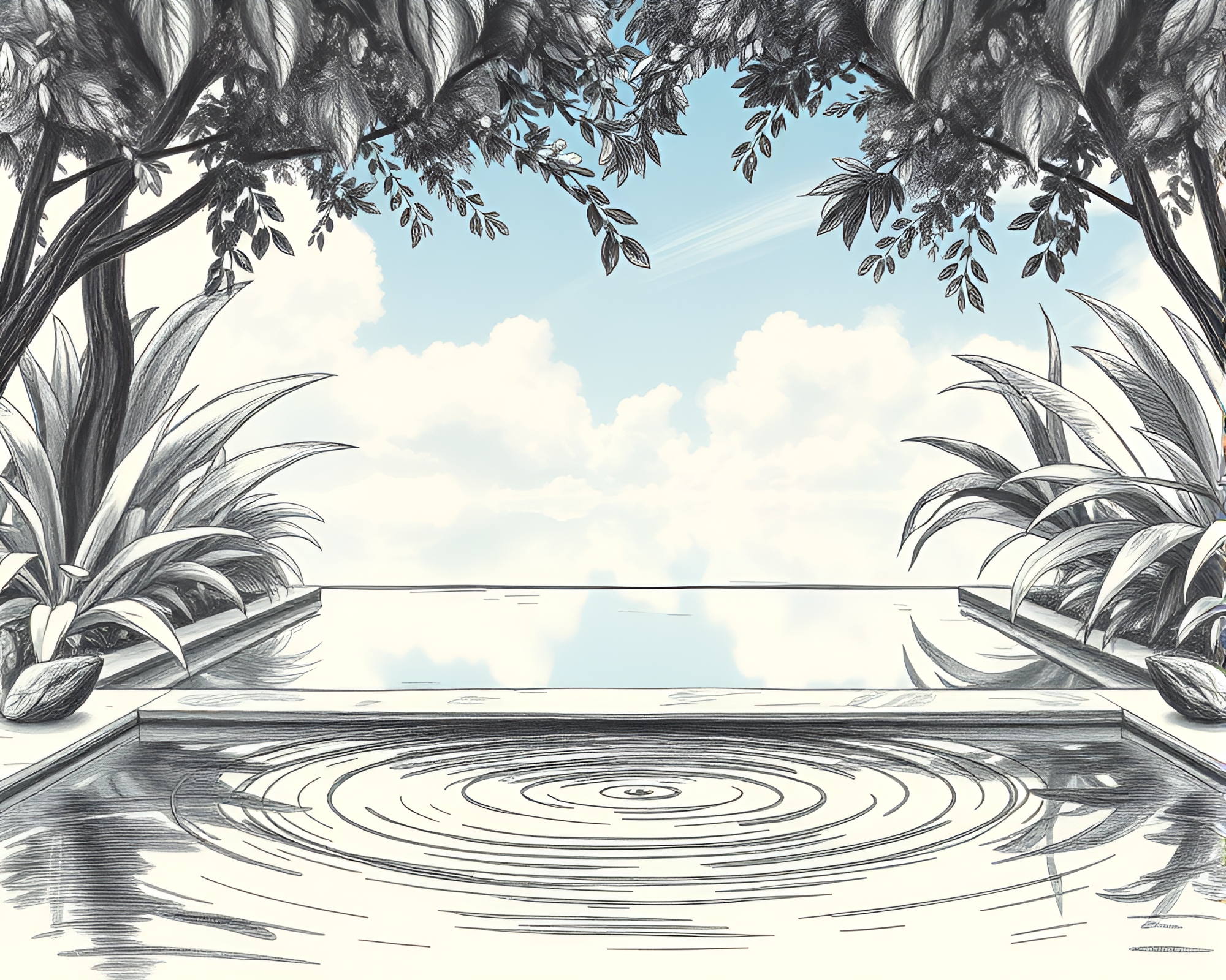 Tranquil Oasis: Charcoal Sketch Serenity – free AI stock image