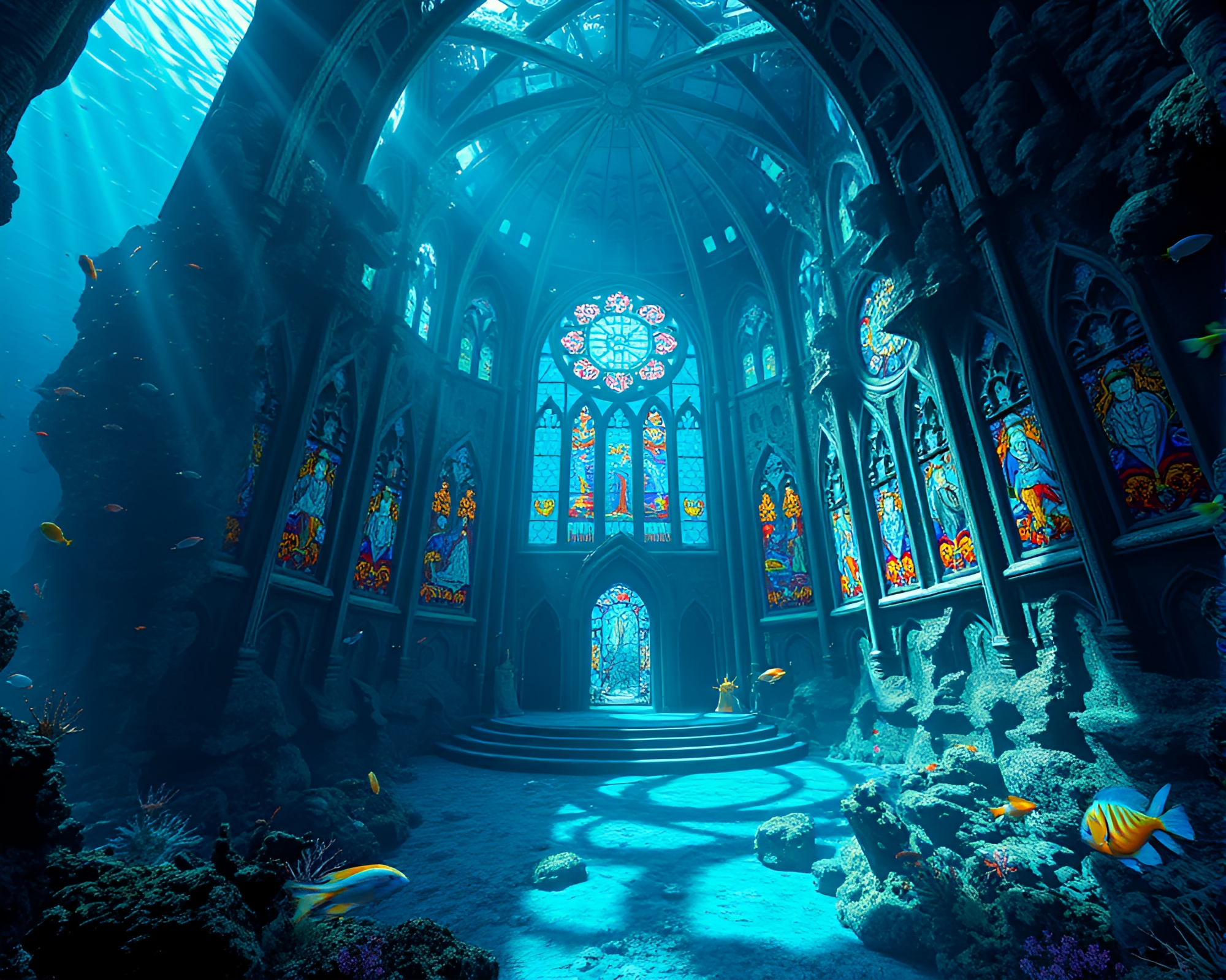 Enchanting Underwater Cathedral with Marine Life – free AI stock image