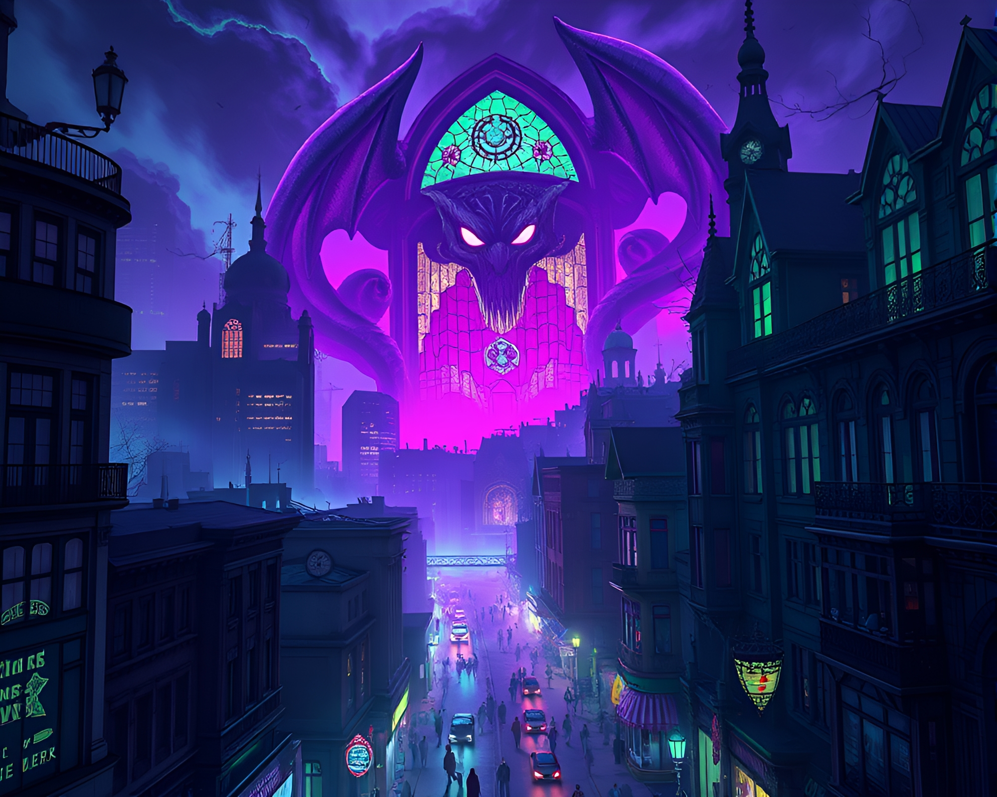 Eerie Purple and Green Cityscape with Monstrous Stained Glass Window – free AI stock image