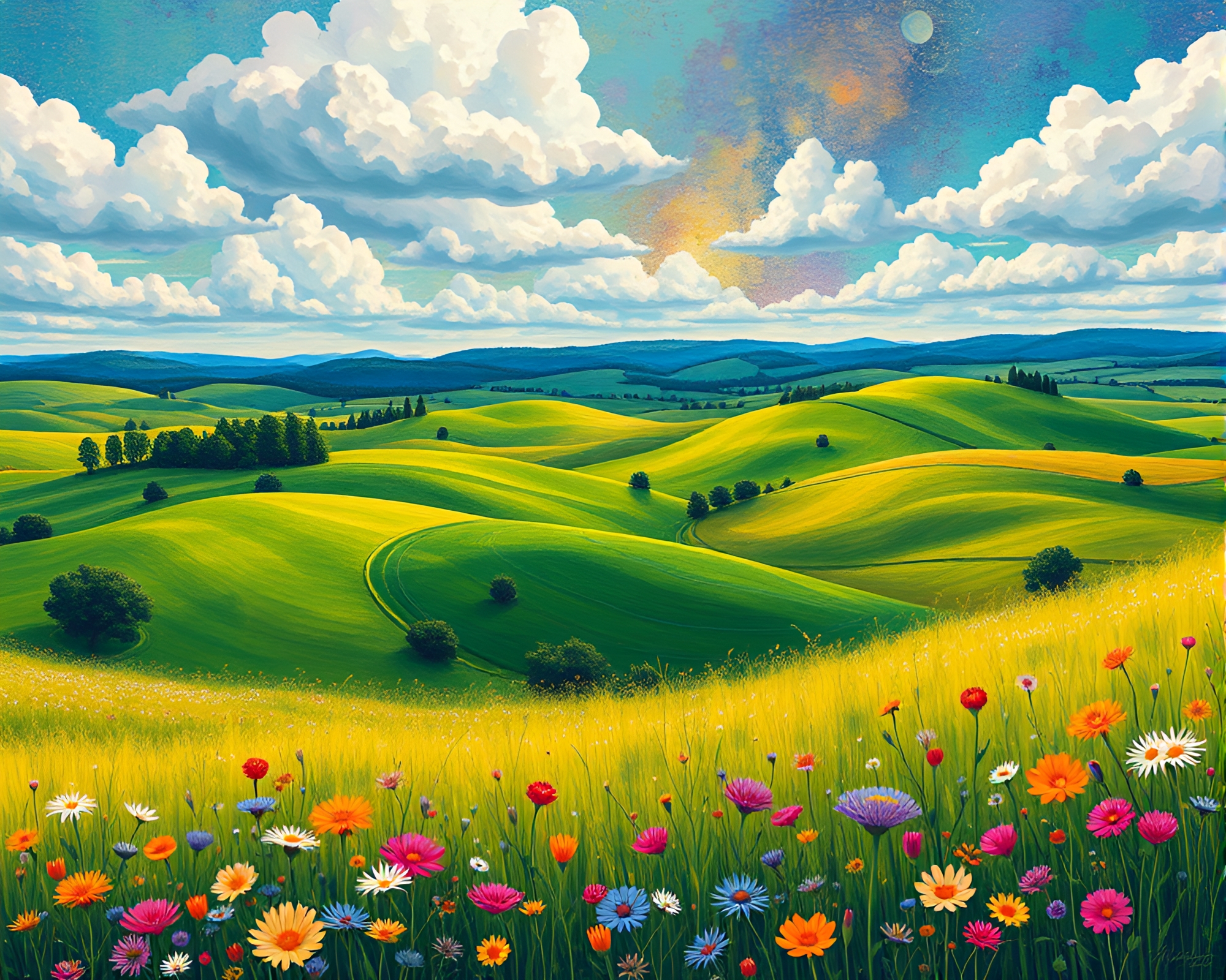 Mesmerizing Gouache Illustration of Vibrant Kaleidoscopic Pastoral Scene – free AI stock image