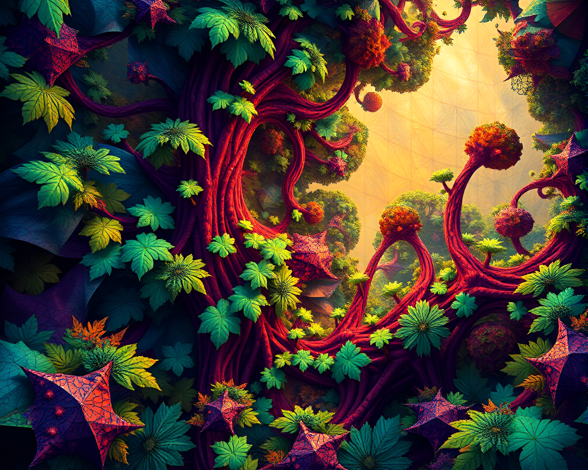 Vibrant Fractal Jungle Artwork with Geometric Patterns – free AI stock image