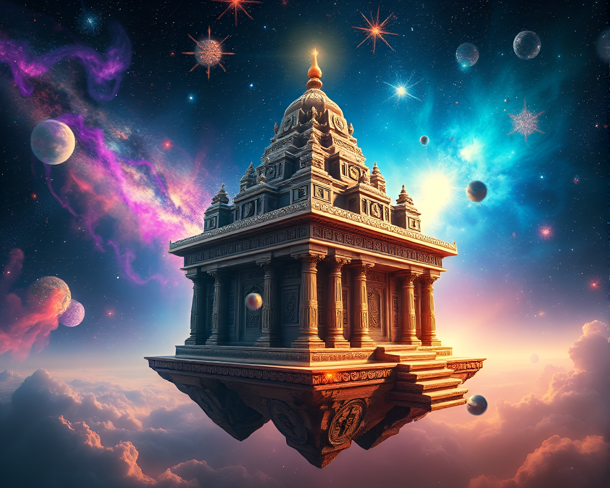 Mystical Glyph-Covered Temple in Cosmic Space – free AI stock image