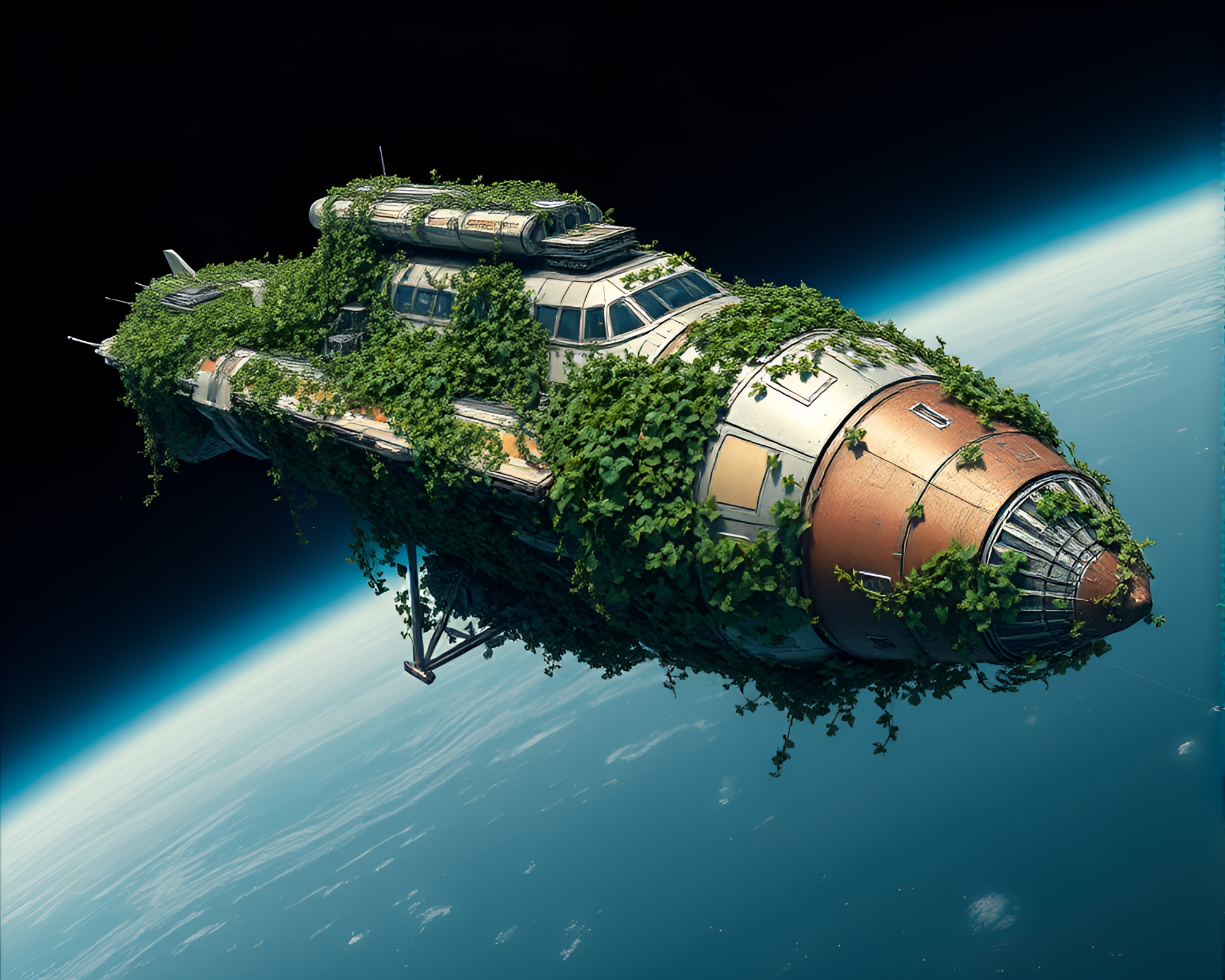 Futuristic Spaceship Enveloped in Lush Ivy Foliage – free AI stock image