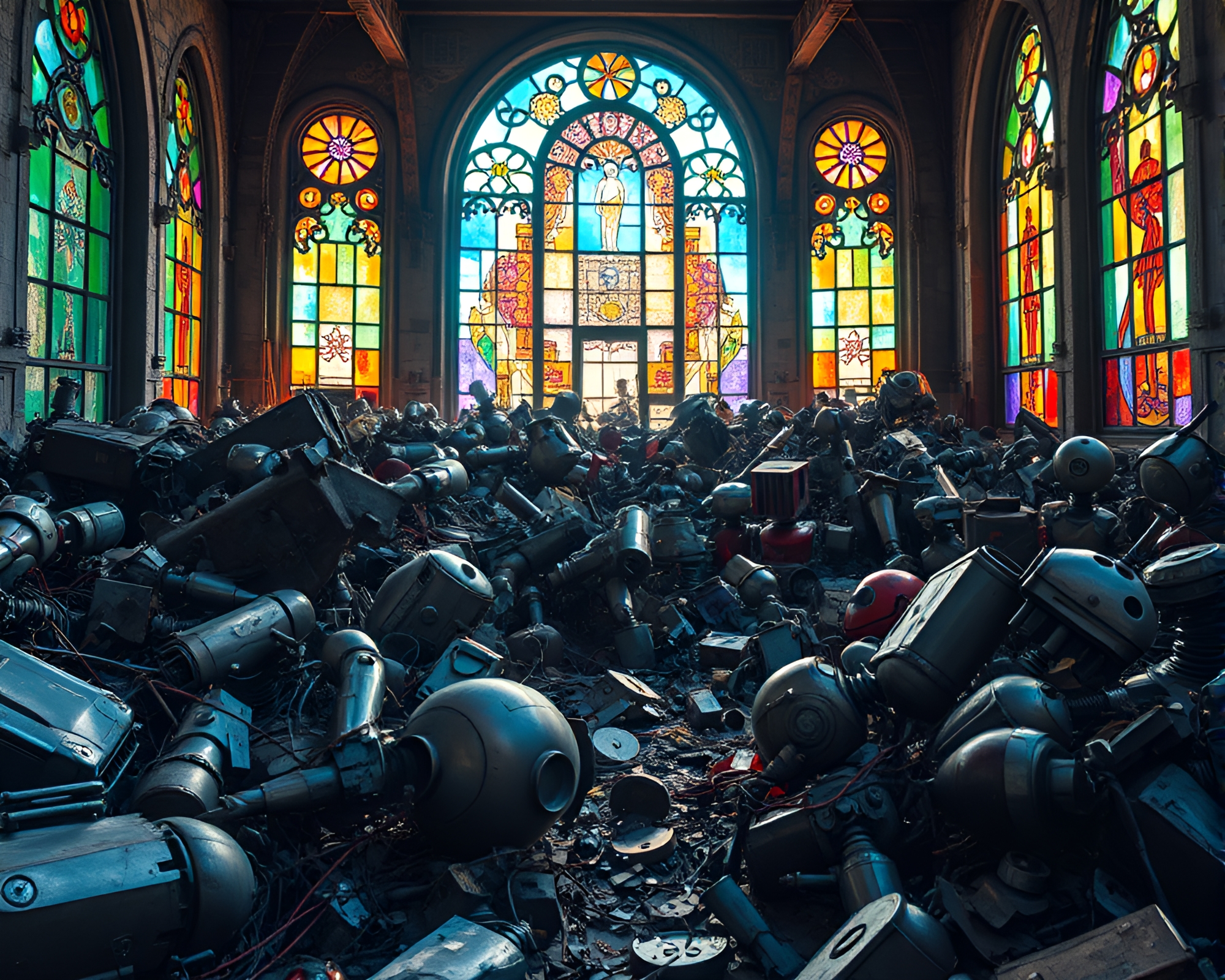 Abandoned Robotic Junkyard with Stained Glass Accents – free AI stock image