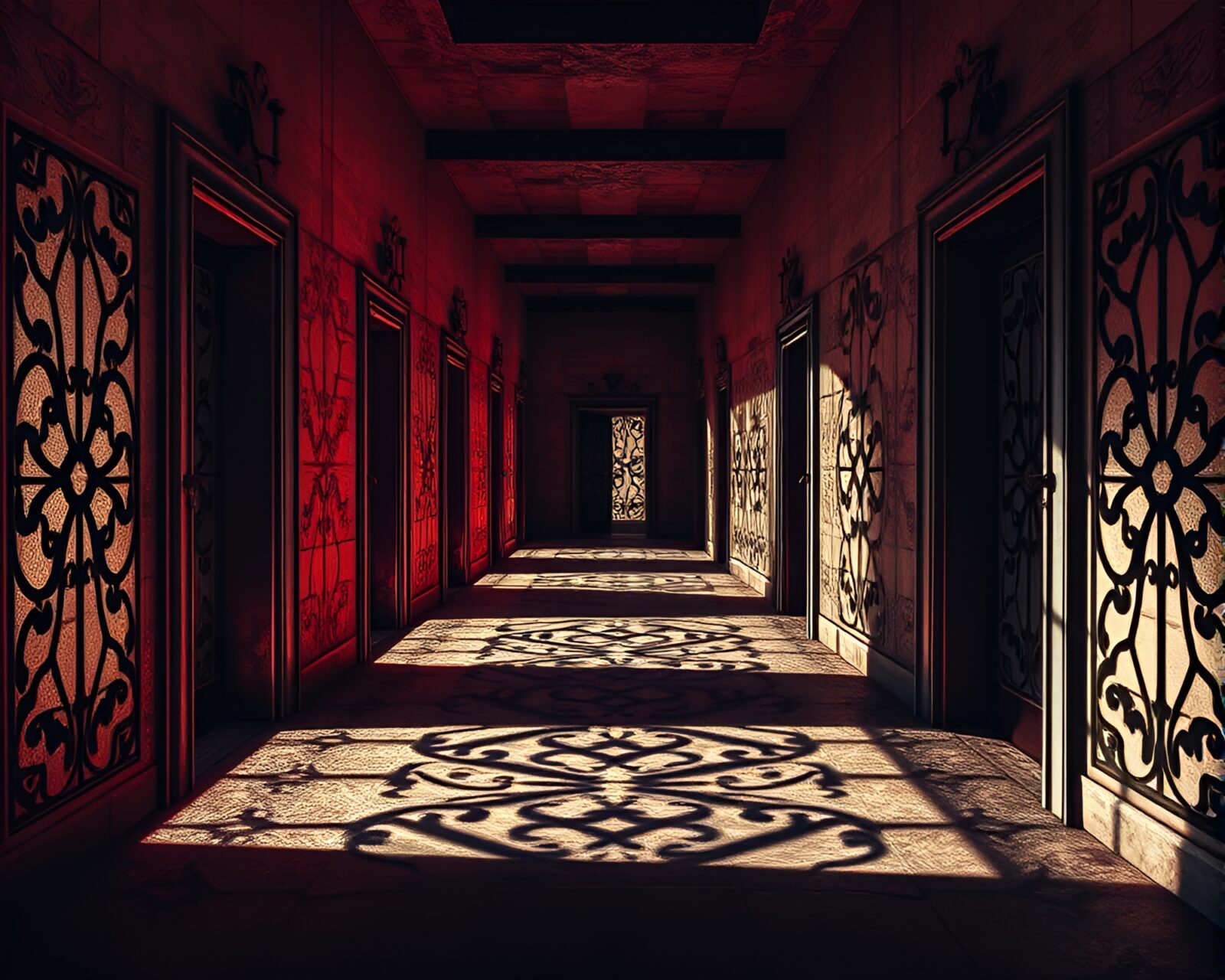 Eerie shadows dance in dimly lit corridors of graphic door designs