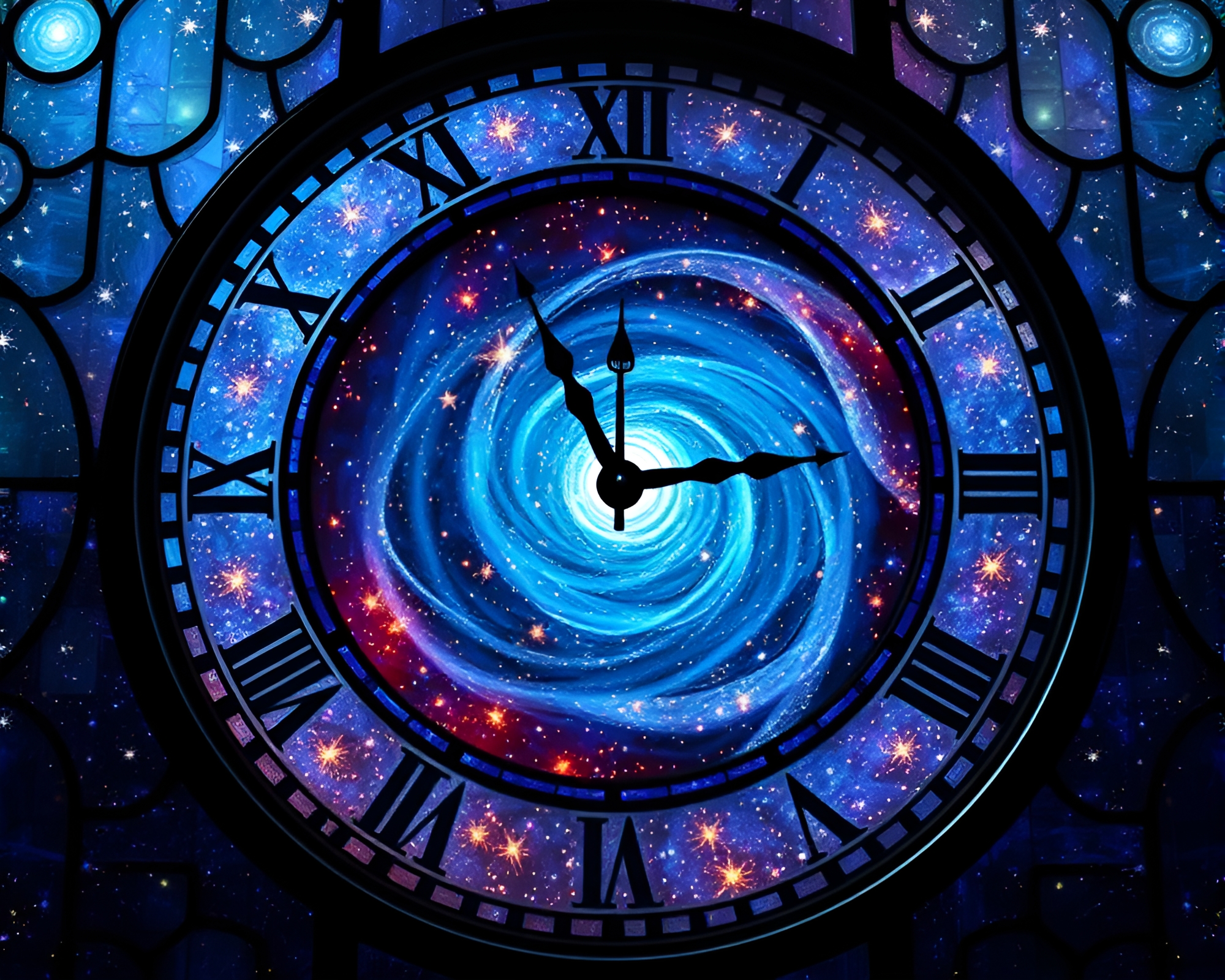Intricate Cosmic Clock Stained Glass Window Art – free AI stock image