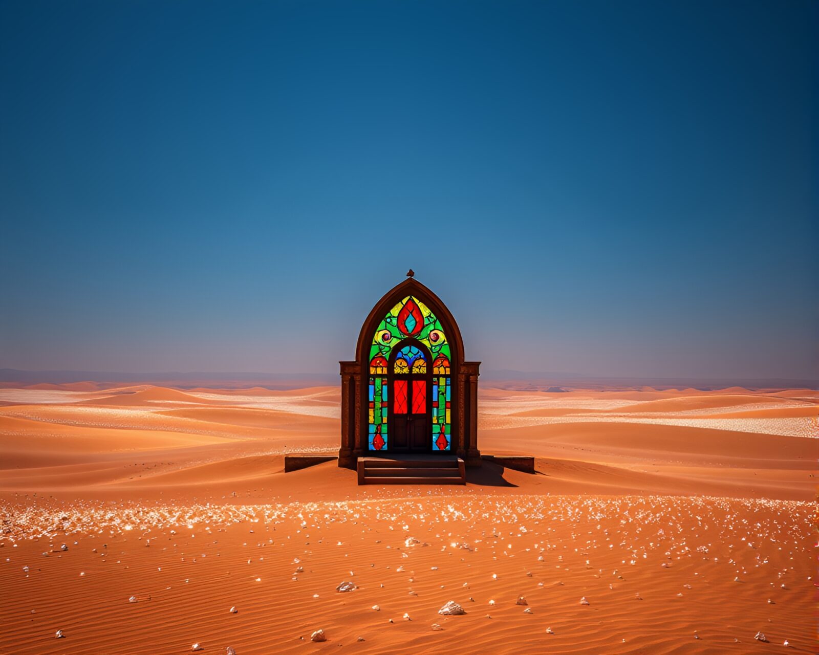 Vast crystalline desert reflecting sunlight, intricate stained glass structure