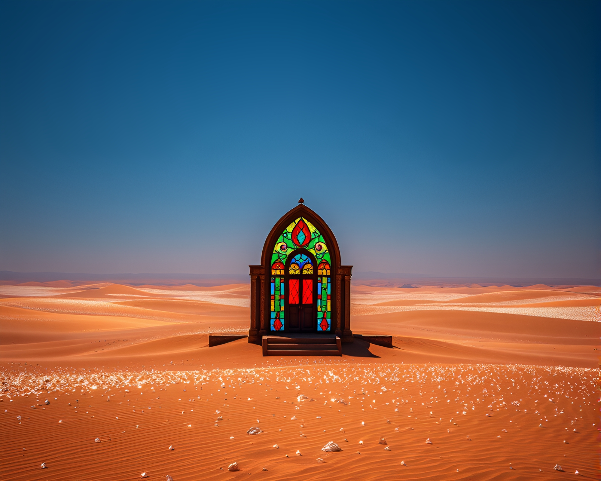Shimmering Crystal Desert Oasis with Unique Stained Glass Structure – free AI stock image