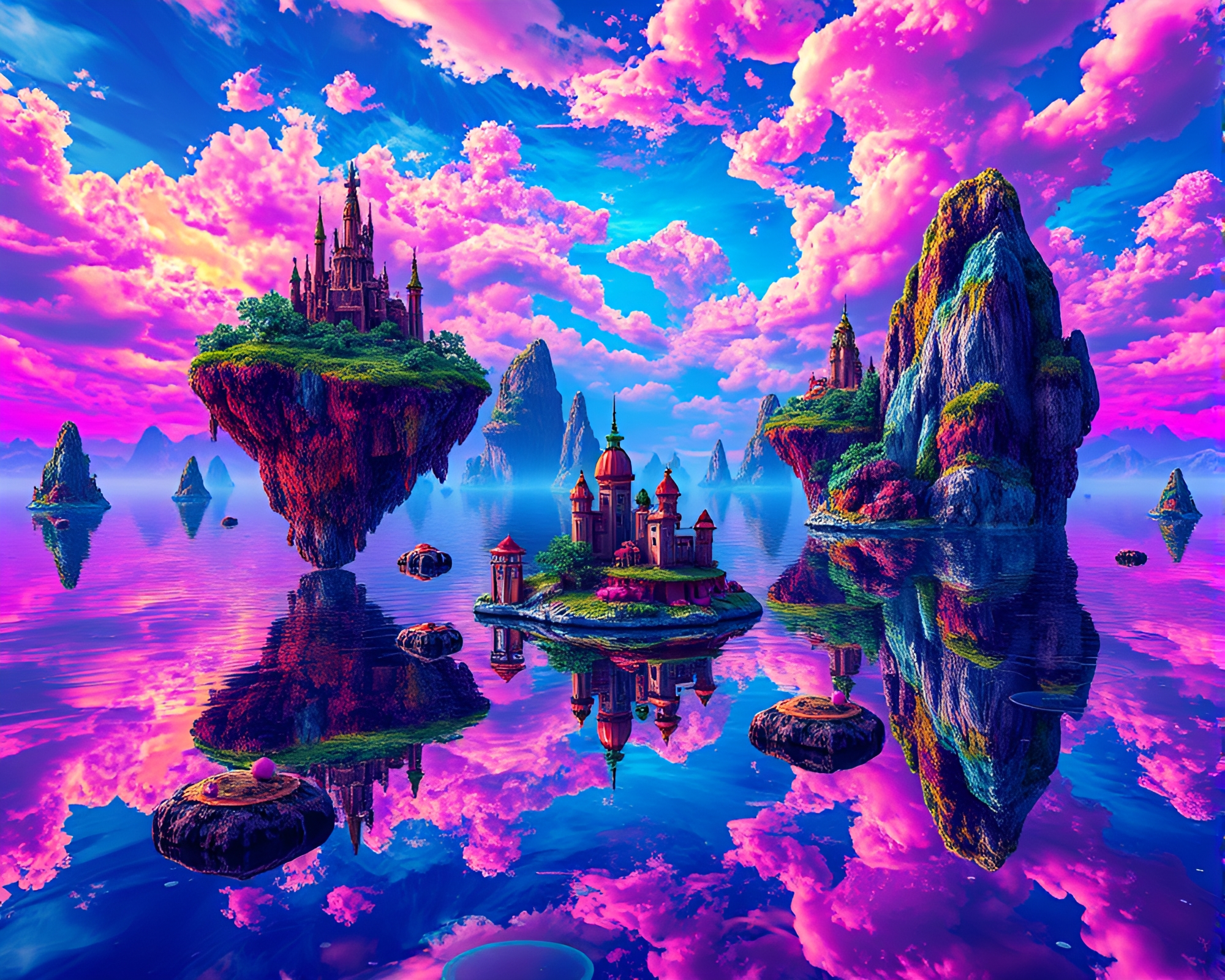 Vivid Pop Art Island Archipelago on Mirrored Waters – free AI stock image