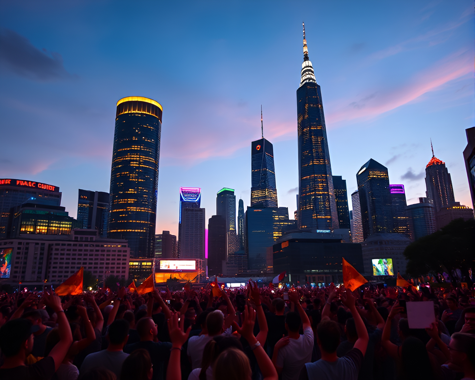 Vibrant Urban Skyline Glows with Colorful Lights at Dusk – free AI stock image