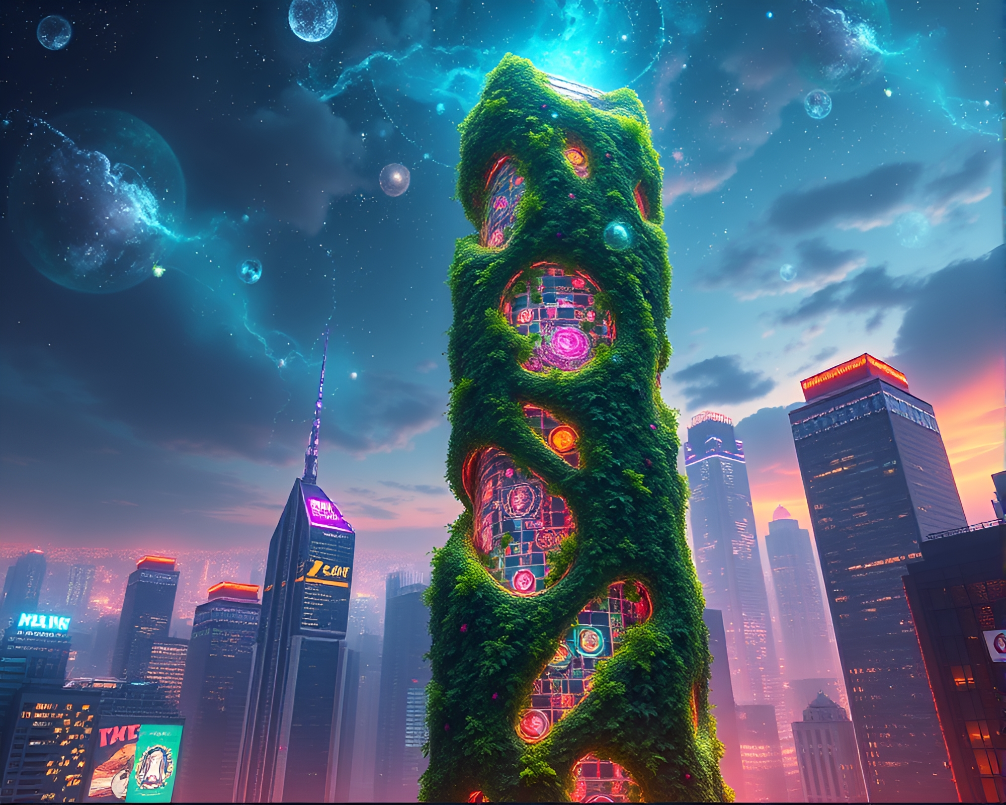 Futuristic skyscraper entwined in cosmic ivy vines – free AI stock image