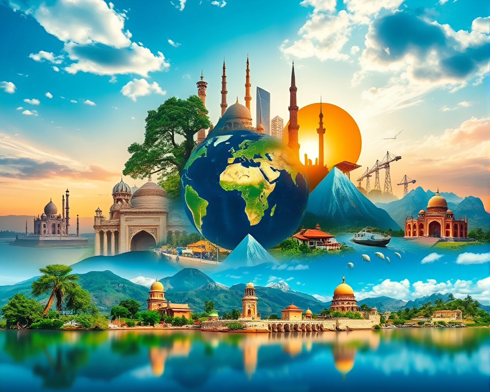 Vibrant collage of serene landscapes and cultural elements