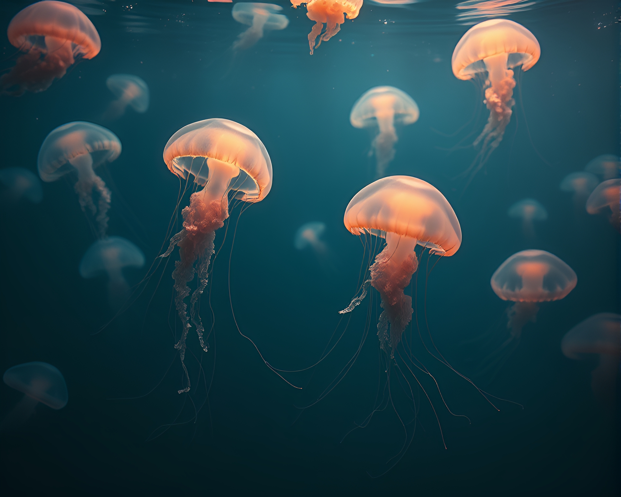 Luminescent Jellyfish Dance in Dreamlike Underwater Symphony – free AI stock image