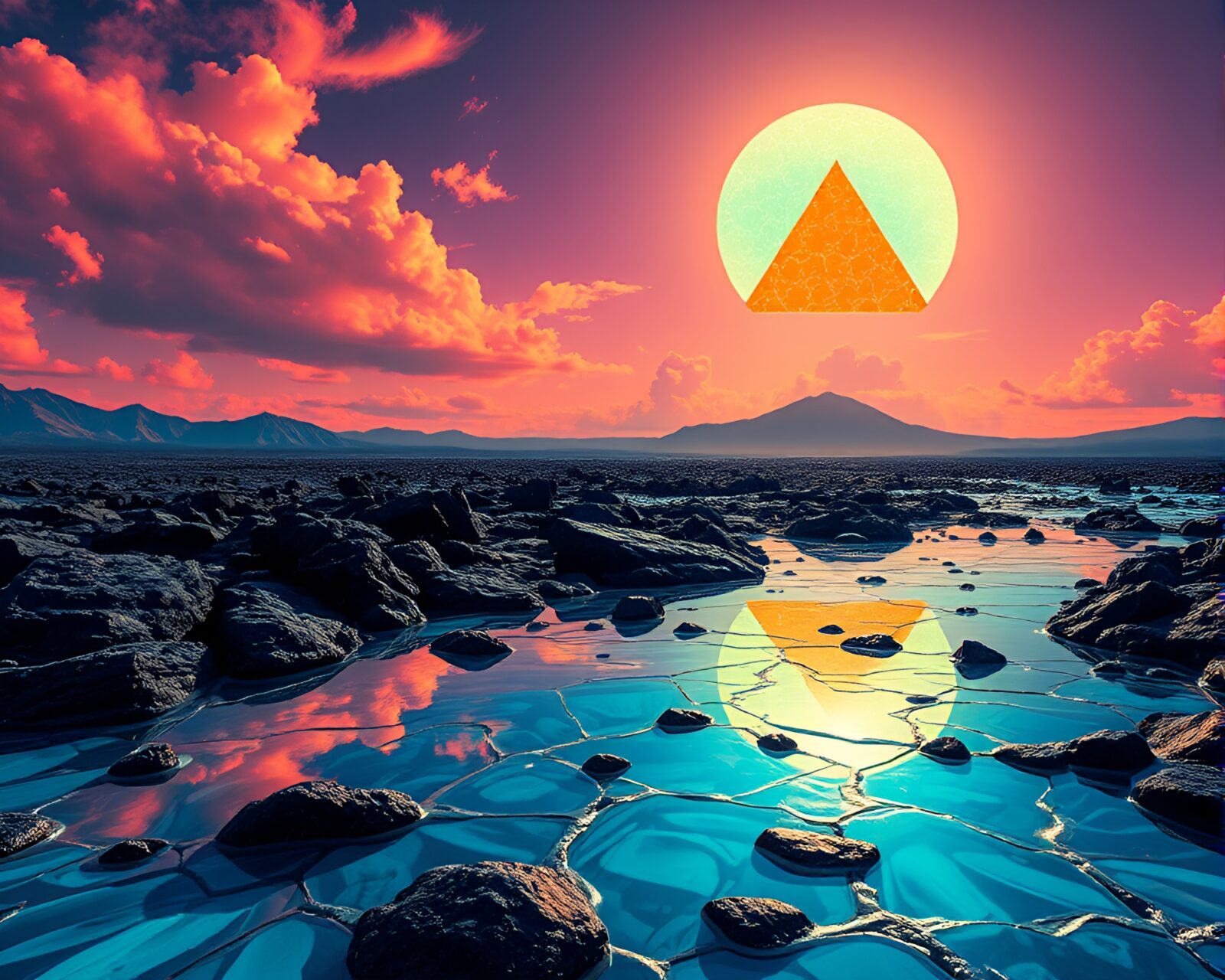 Reflective black glass rocks under geometric patterned turquoise sun