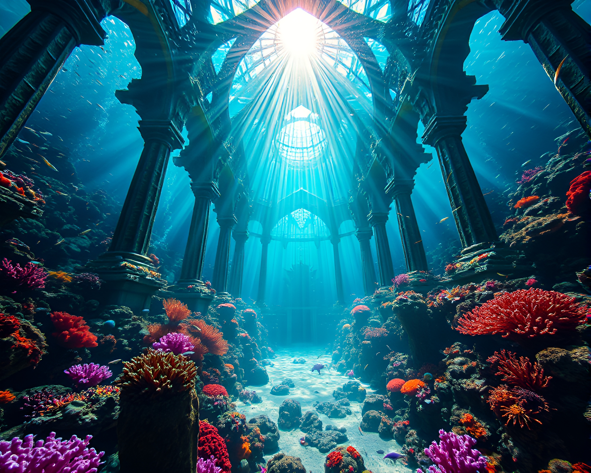 Ethereal Underwater Cathedral Illuminated by Vibrant Coral – free AI stock image