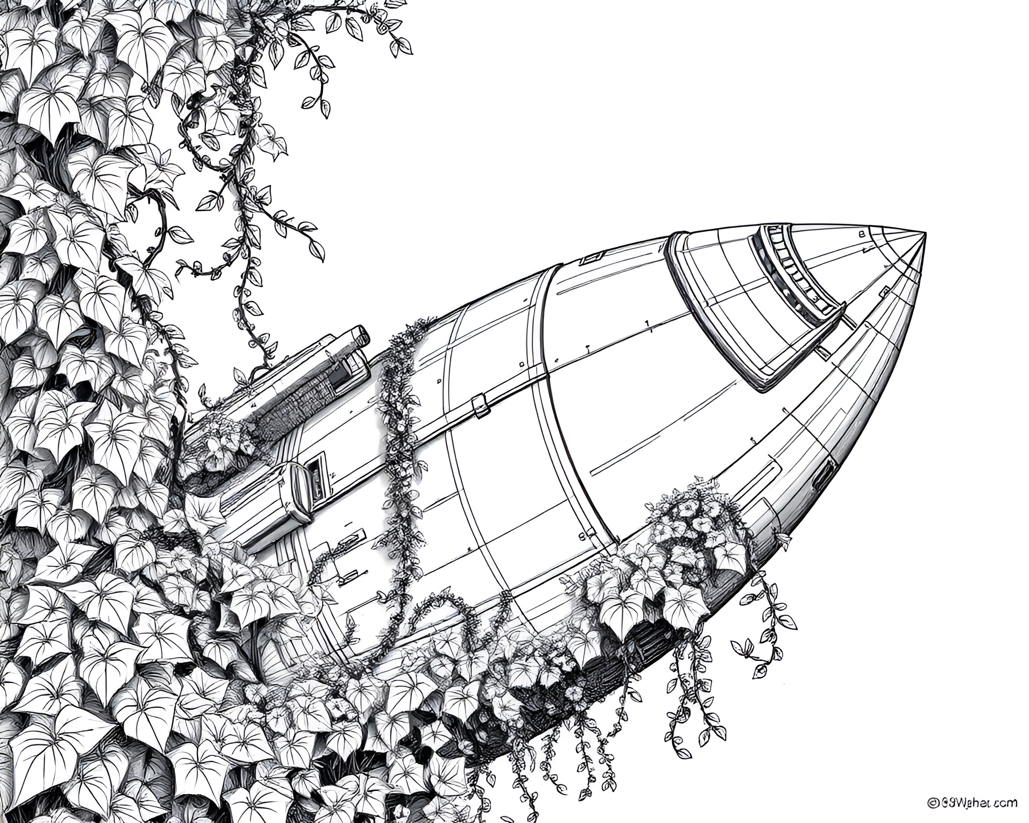 Enchanting Ivy-Covered Spaceship: Mystical Line Drawing – free AI stock image