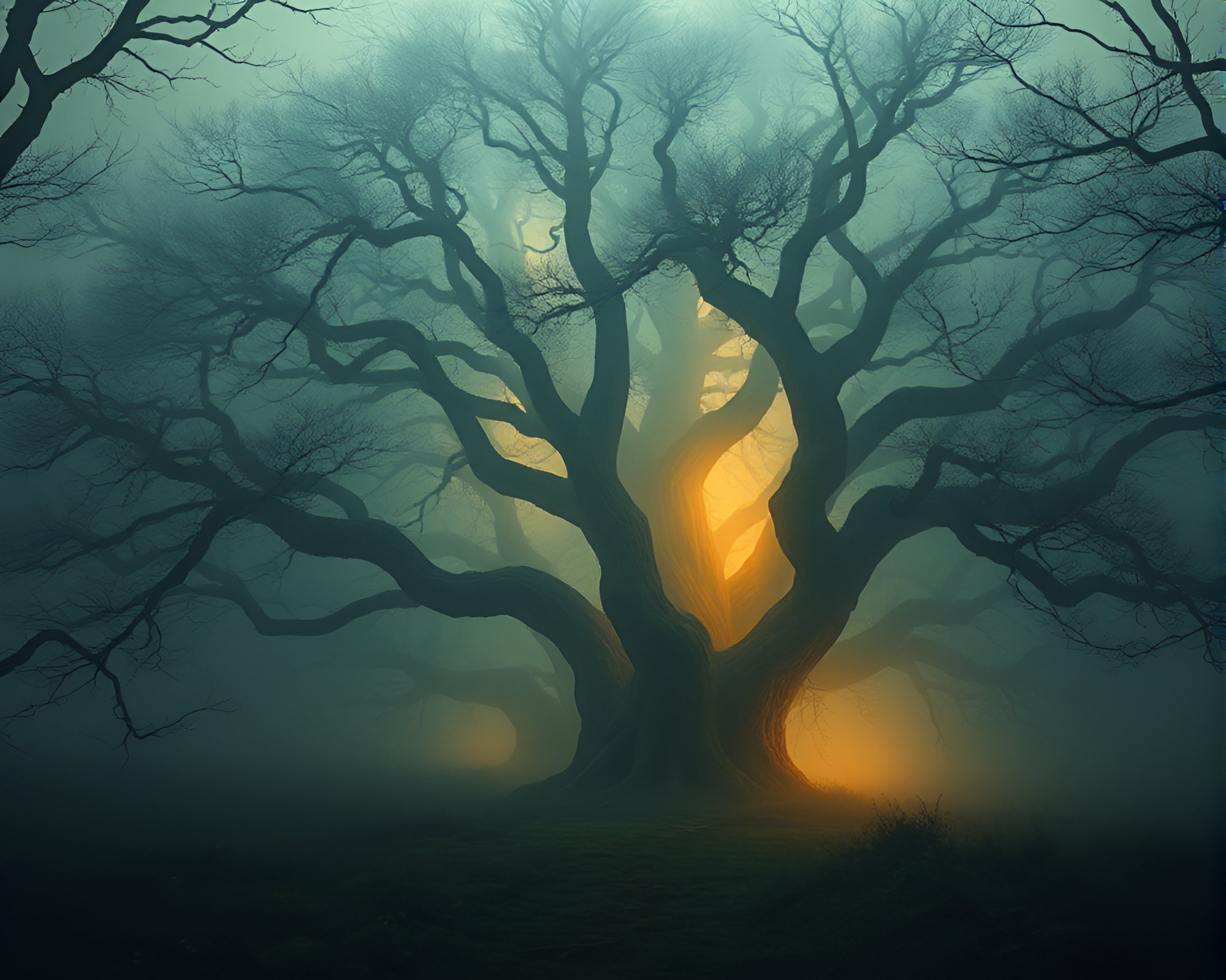 Ethereal Oak Forest Emerges from Mist in Minimalistic Artwork – free AI stock image